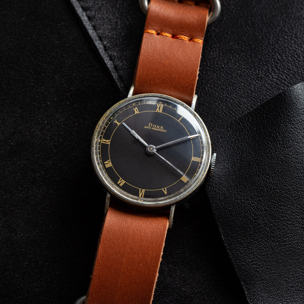 Vintage "Doxa" Military Swiss Watch for Men, Rare Black Dial - VintageDuMarko
