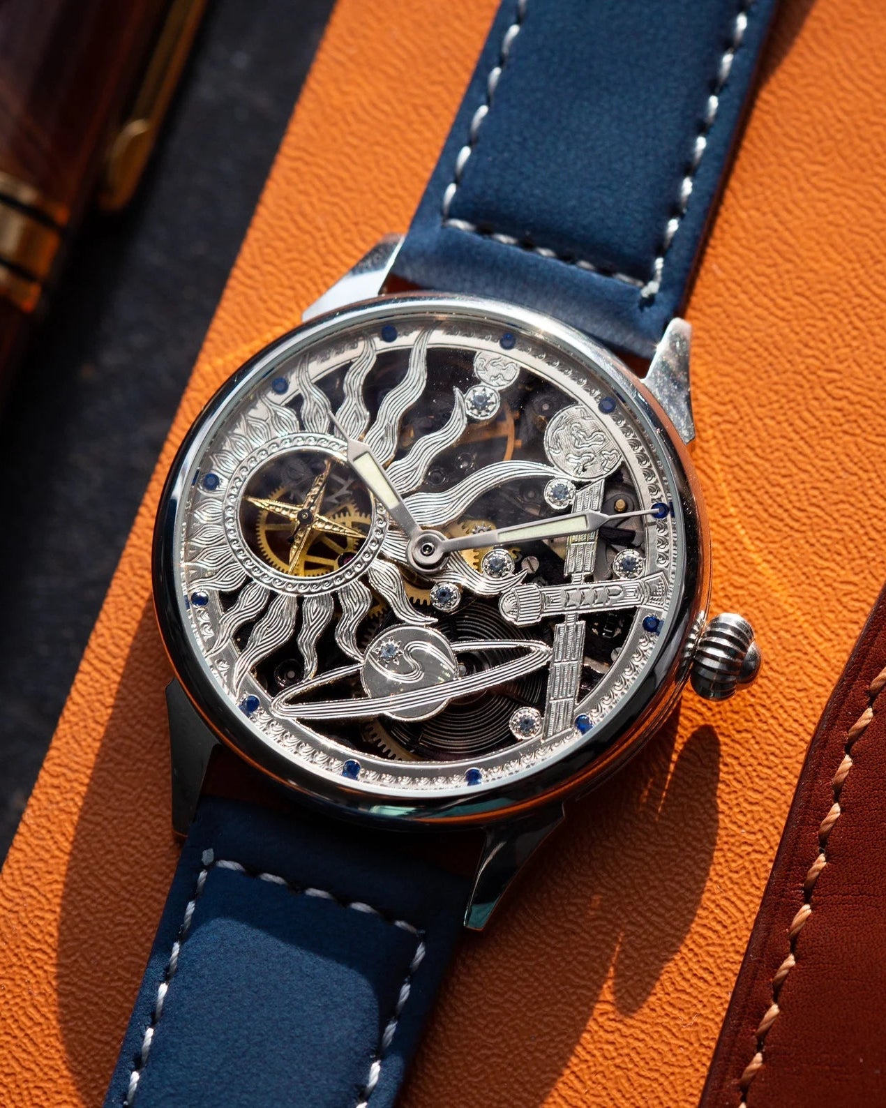 Vintage "Molnija Space" Watch with 925 Silver Dial, Skeleton watch, Rare Сustom Hand Carved Watch for Men - VintageDuMarko