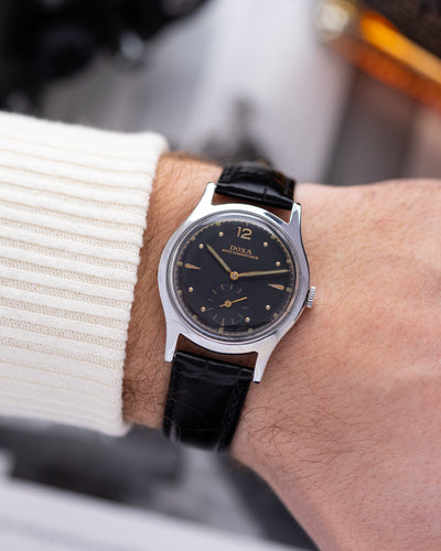 Vintage Doxa 565 black gilt dial 35mm François Borgel Patek-style case