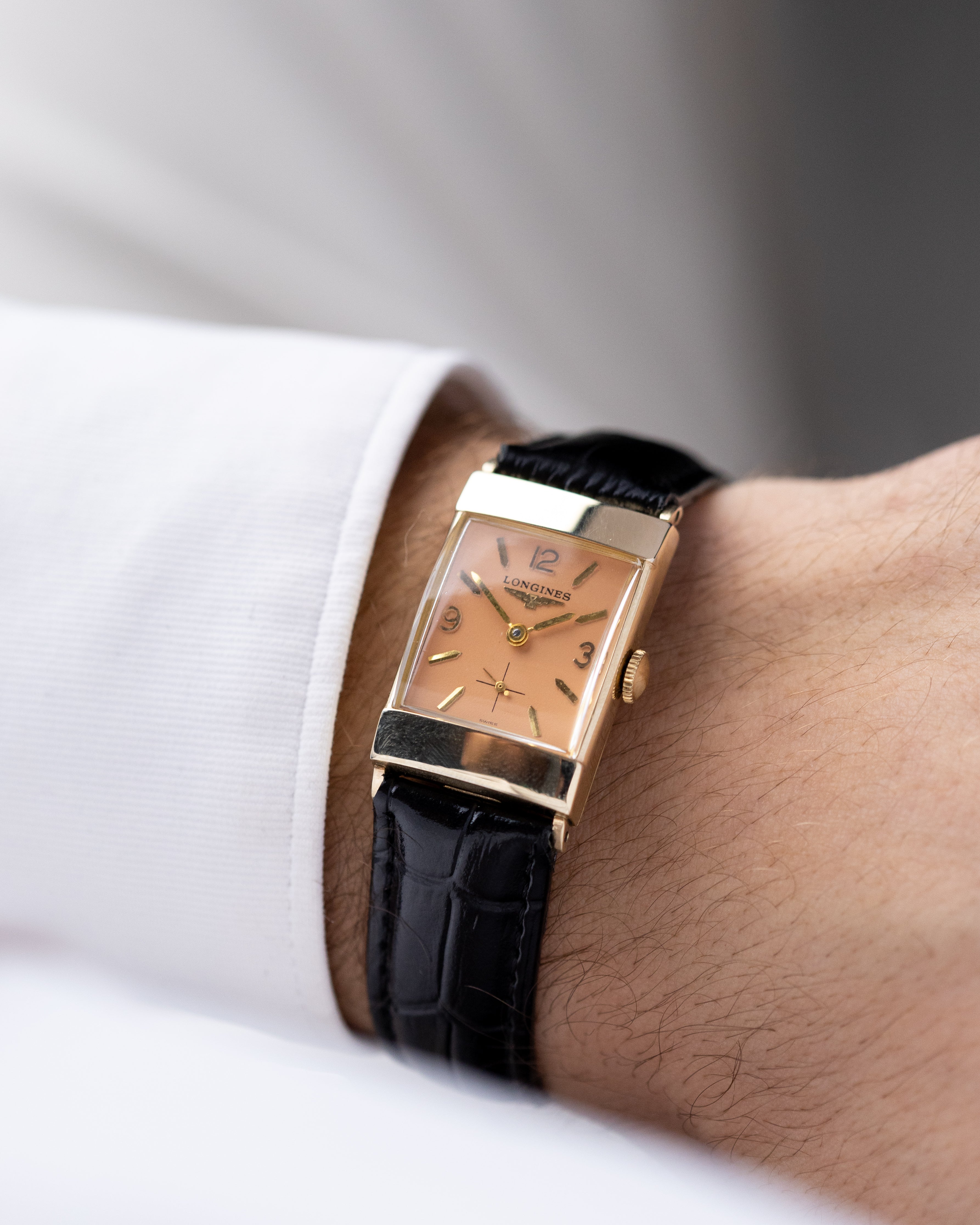 Longines Vintage Art Deco Tank, Rare Salmon Dial, 10K Gold-Filled