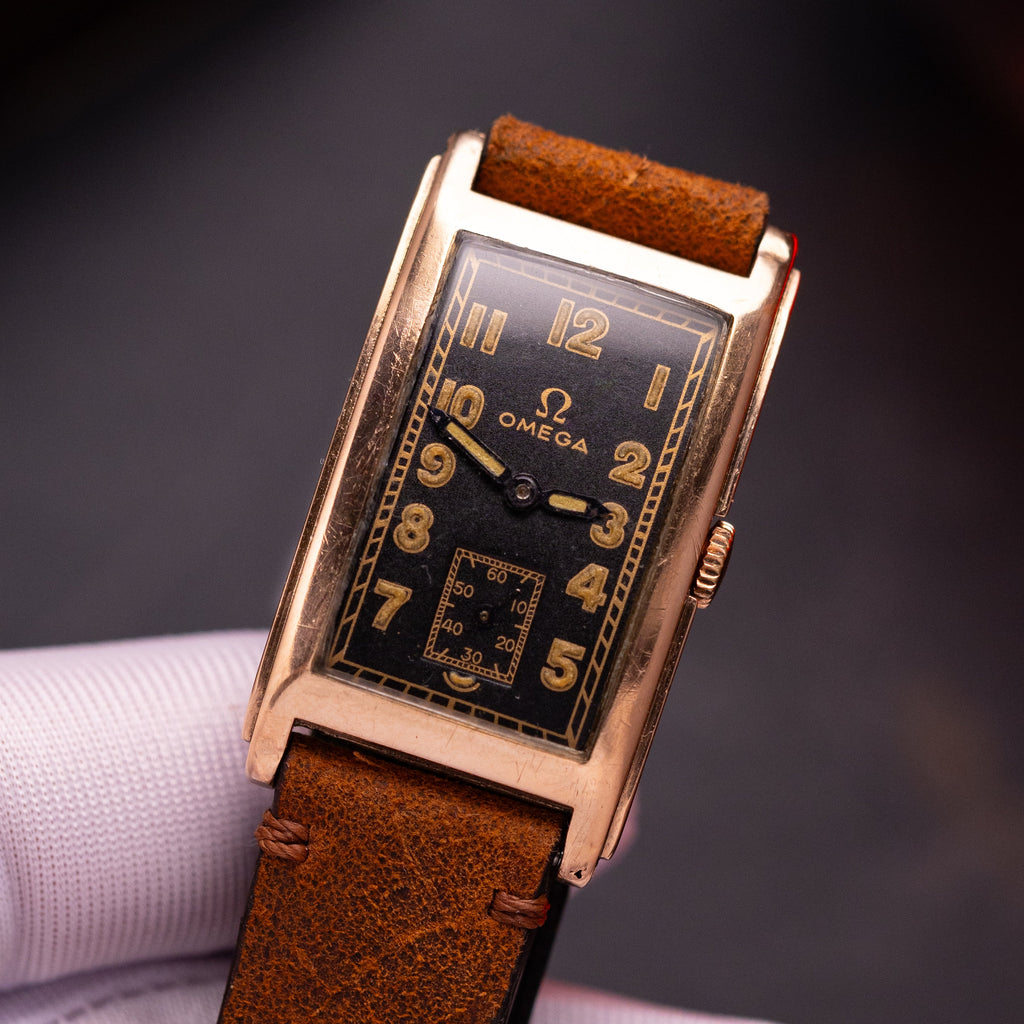 Mens watch "Omega" Solid Gold Cartier Style Tank from 1940s - VintageDuMarko