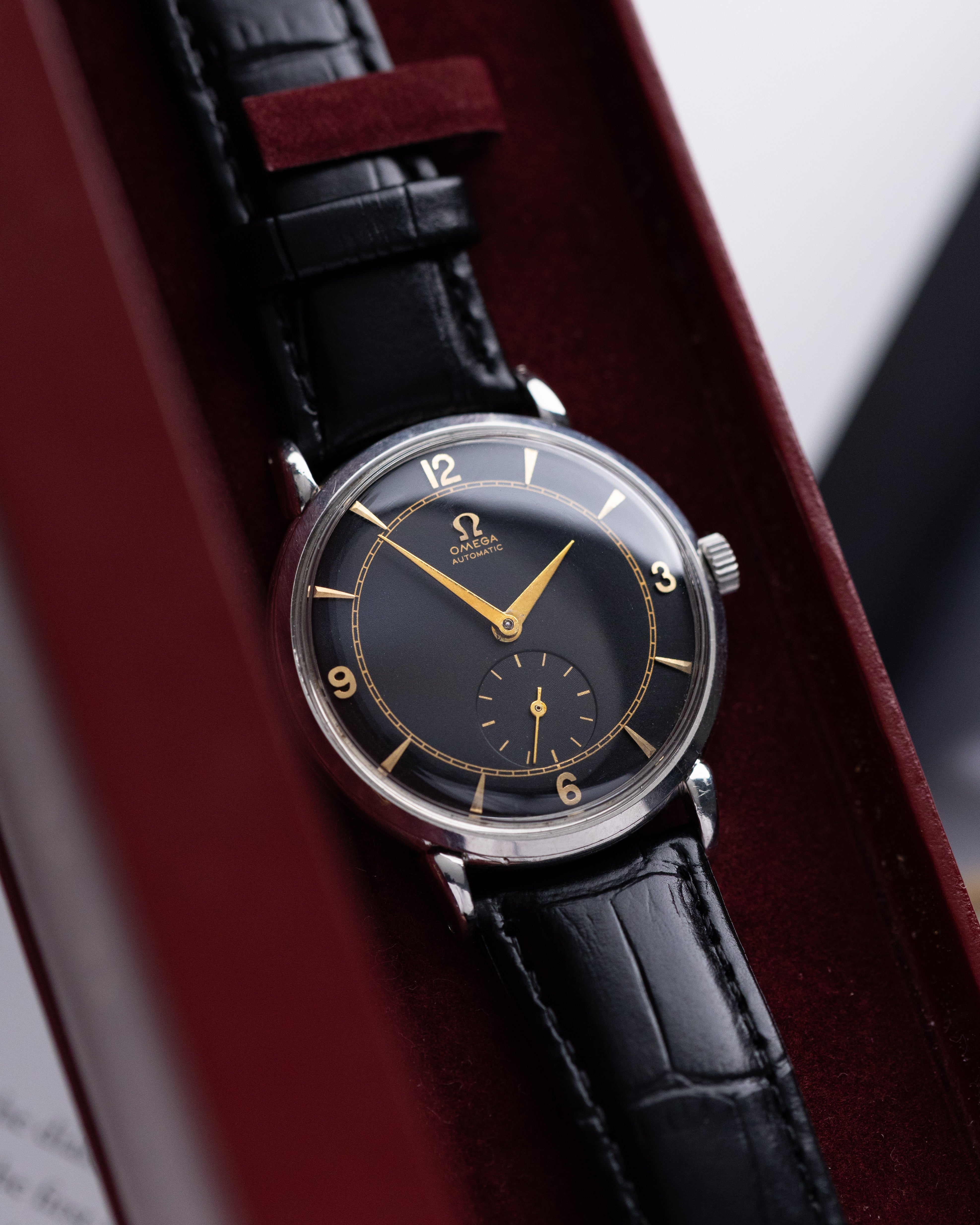 Omega Vintage Swiss Watch, Automatic Bumper, Ref. 2398, Black gilt dial - DuMarko