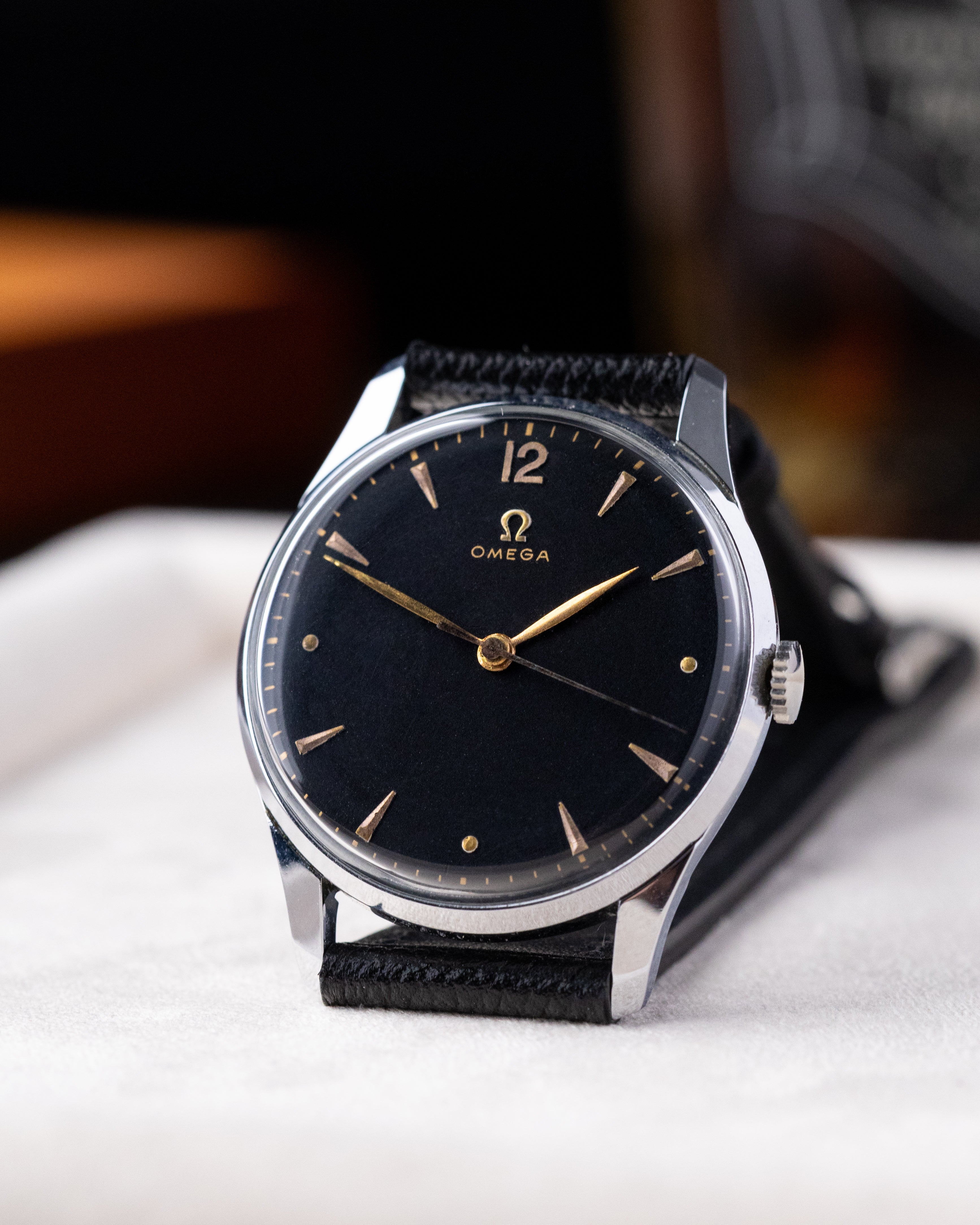 Omega Vintage Swiss Watch, Black Gilt Dial, Art Deco Style, Cal