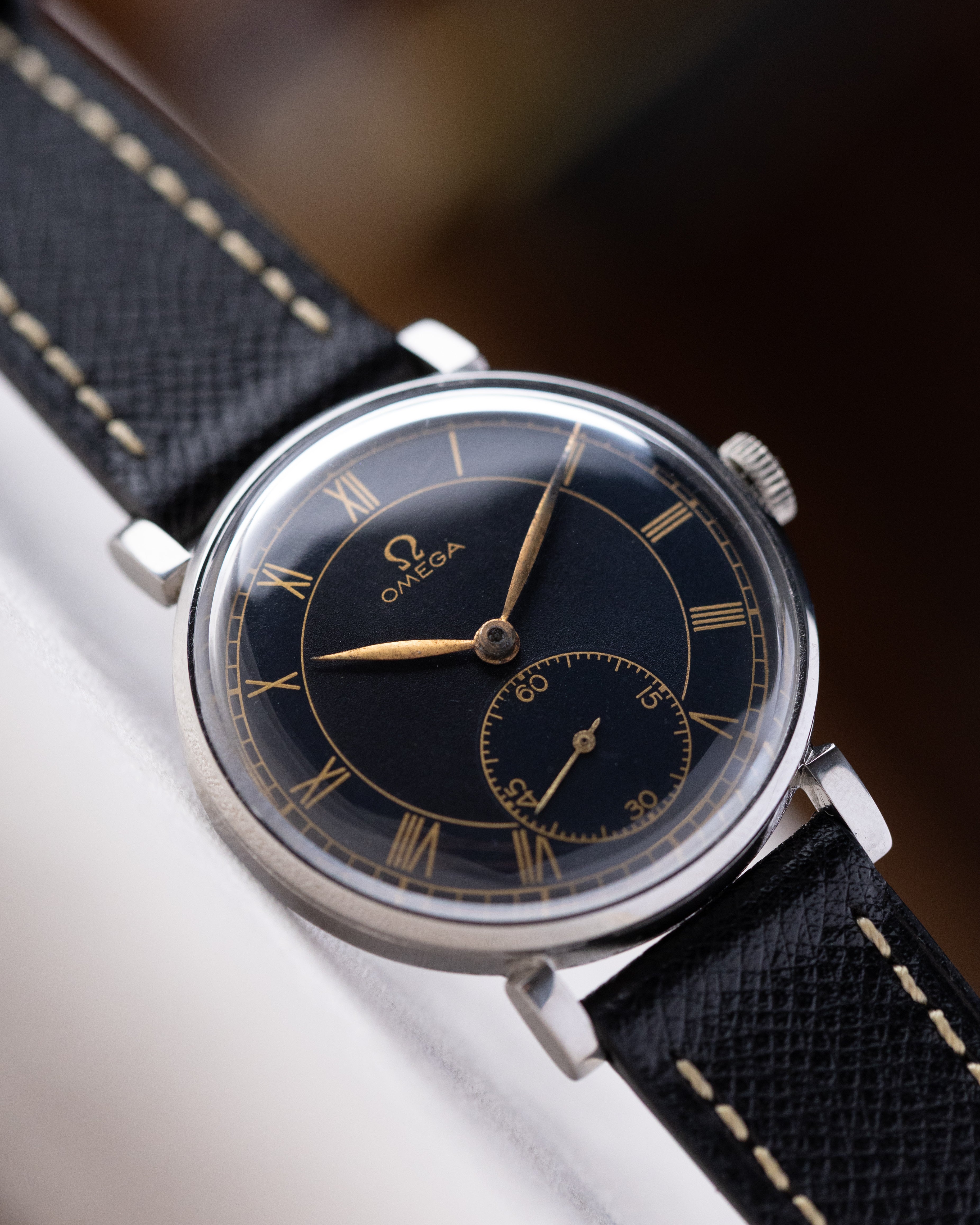 Vintage Omega Swiss watch, Black Gilt Dial, Roman Numerals, Art