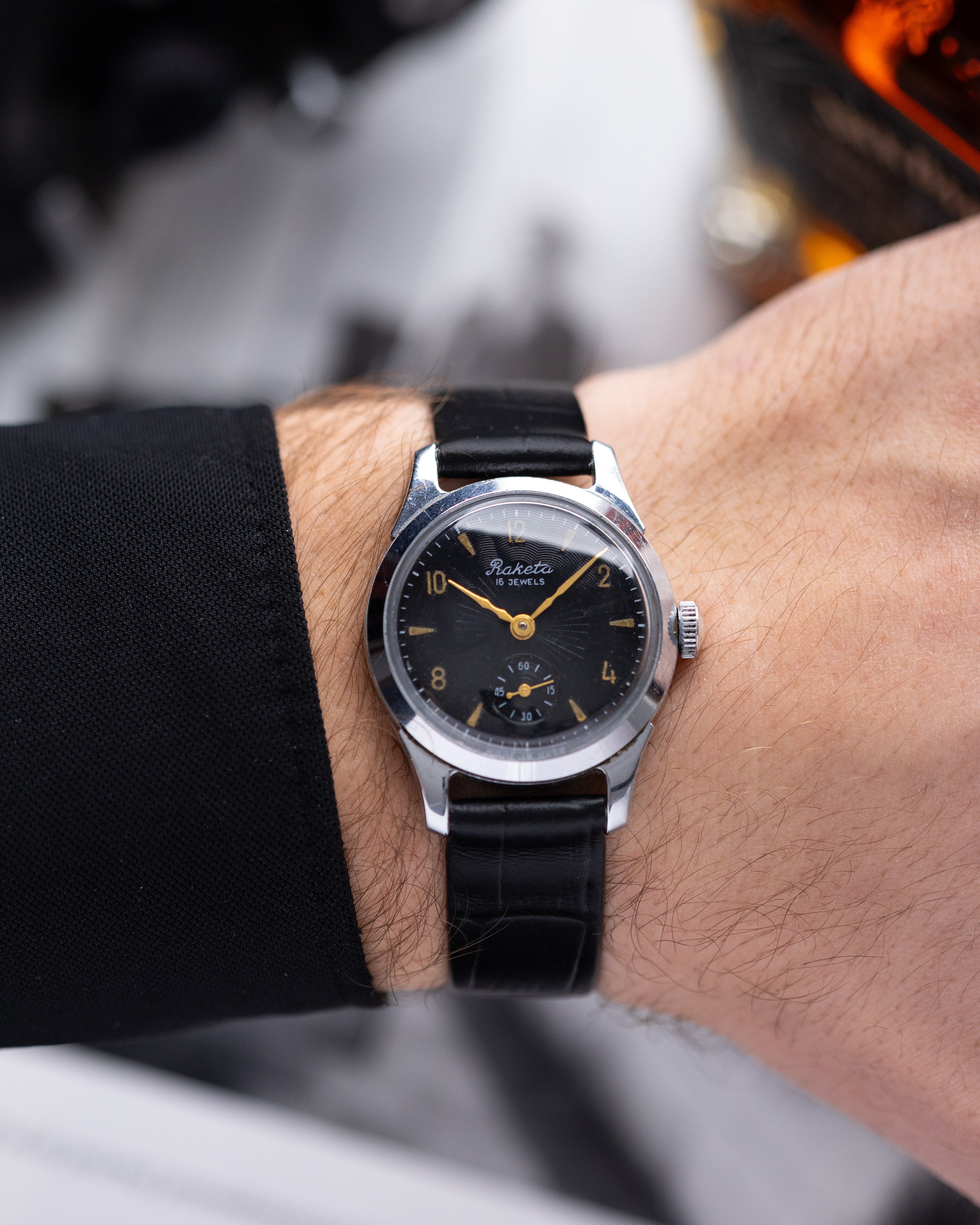 Raketa Vintage Soviet Watch, Guilloche Black Dial from 1960's - DuMarko