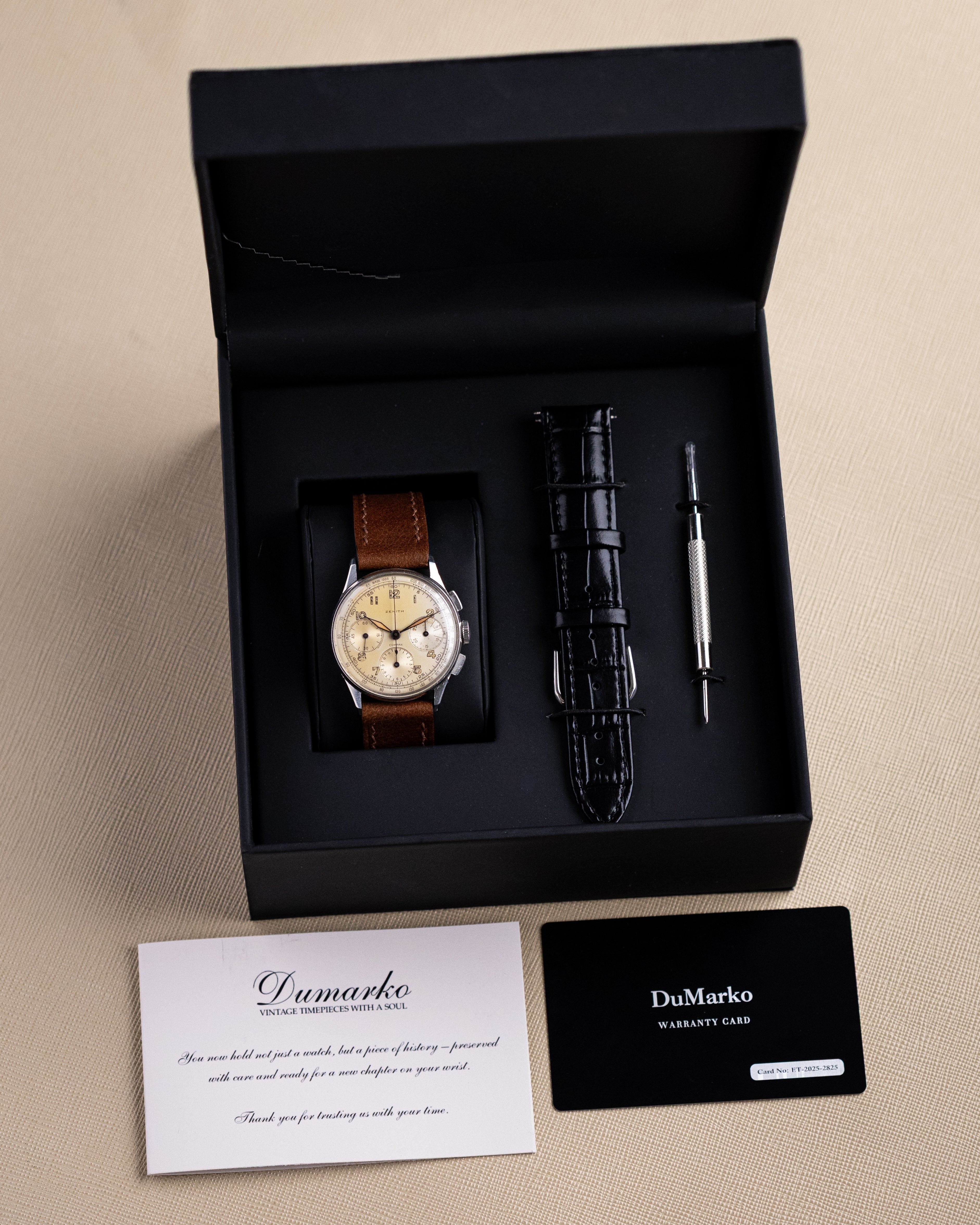 Rare Vintage Zenith/Universal Genève Compax Chronograph, Ref. 22510, Cal. 156, Tri - Register, Cream Patina Dial from 1940s - DuMarko