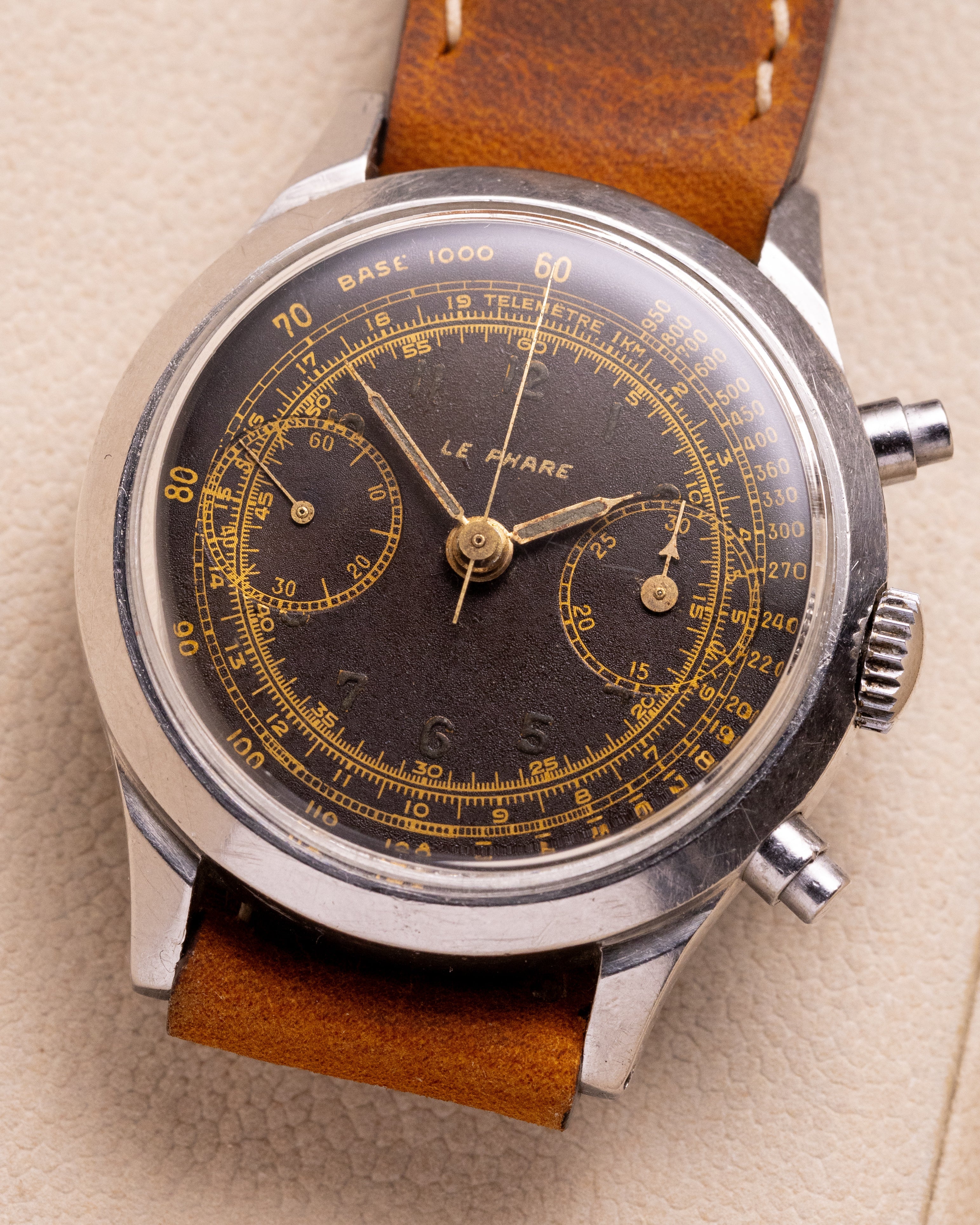 Rare watch Le Phare Chronograph, Spillman case, Gilt Dial, Vintage Swiss Premium Watch - VintageDuMarko