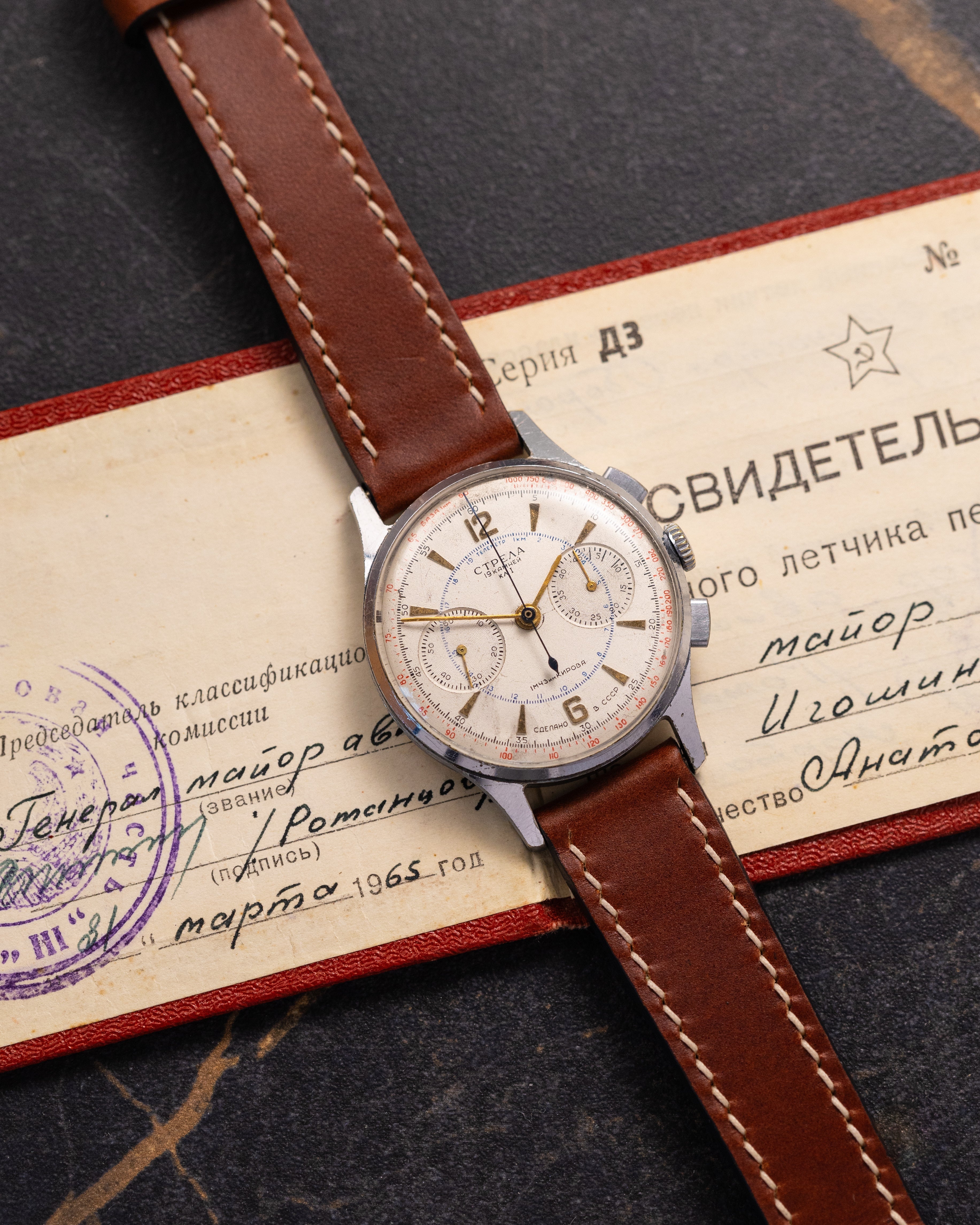 Soviet vintage chronograph Strela Original cal.3017 for Aviarors, Watch + Pilot's Certificate - VintageDuMarko