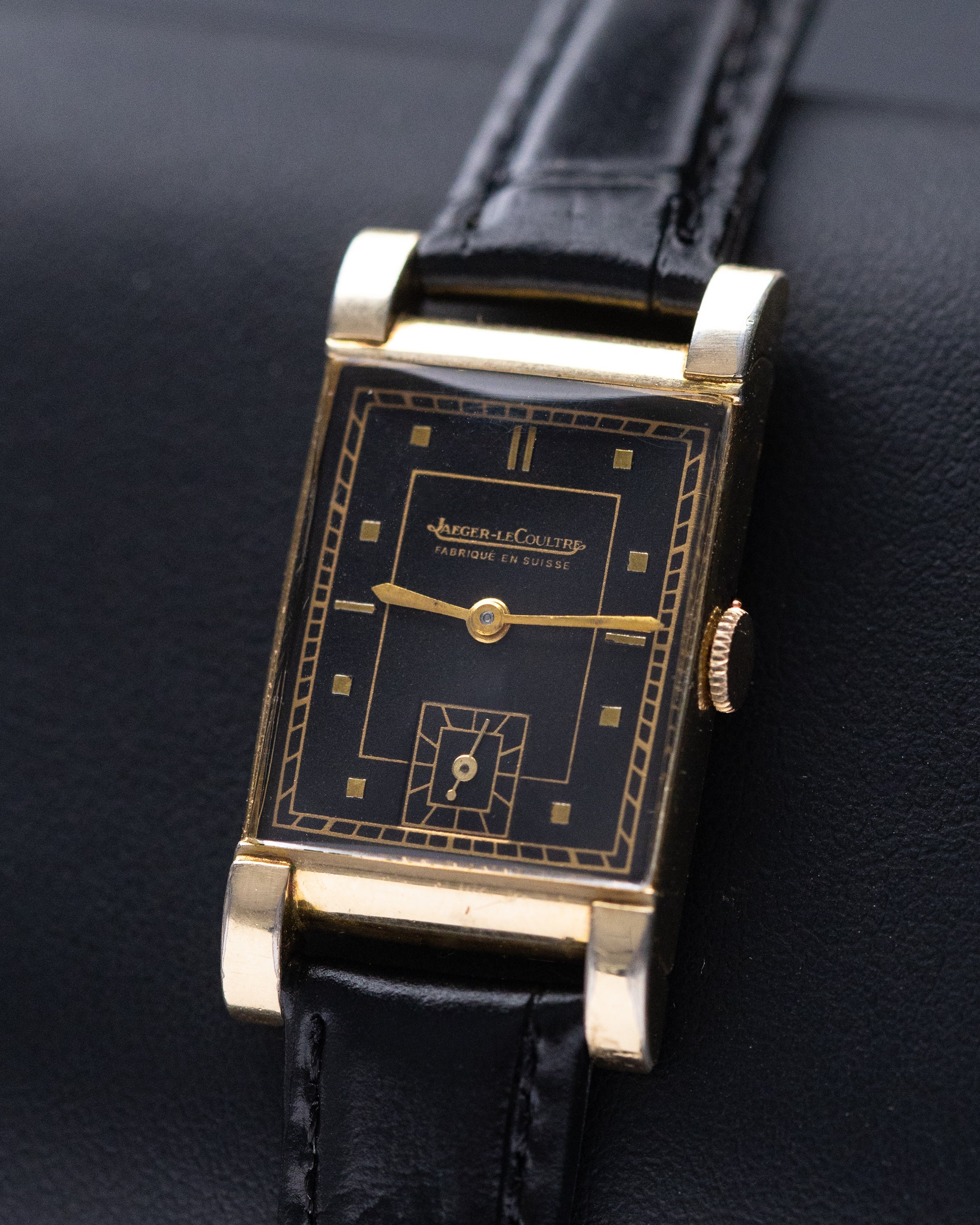 Vintage Jaeger - LeCoultre Art Deco Tank, Black gilt dial, Gold - filled case from 1940's - DuMarko