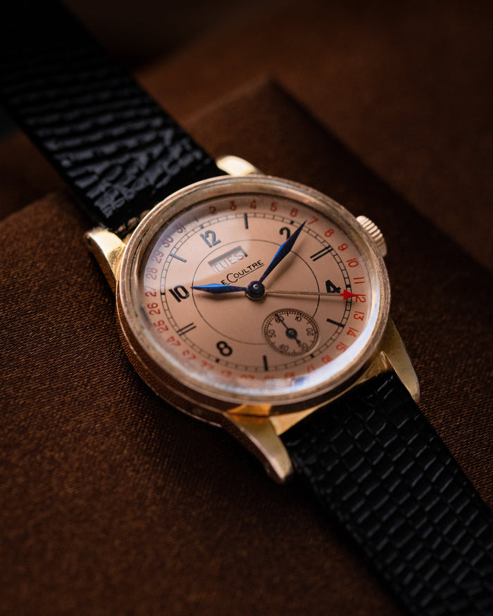 Vintage Jaeger-LeCoultre Duo Date Pointer Ref 2701 Cal 412 Salmon Railroad Dial 1940s Original Box