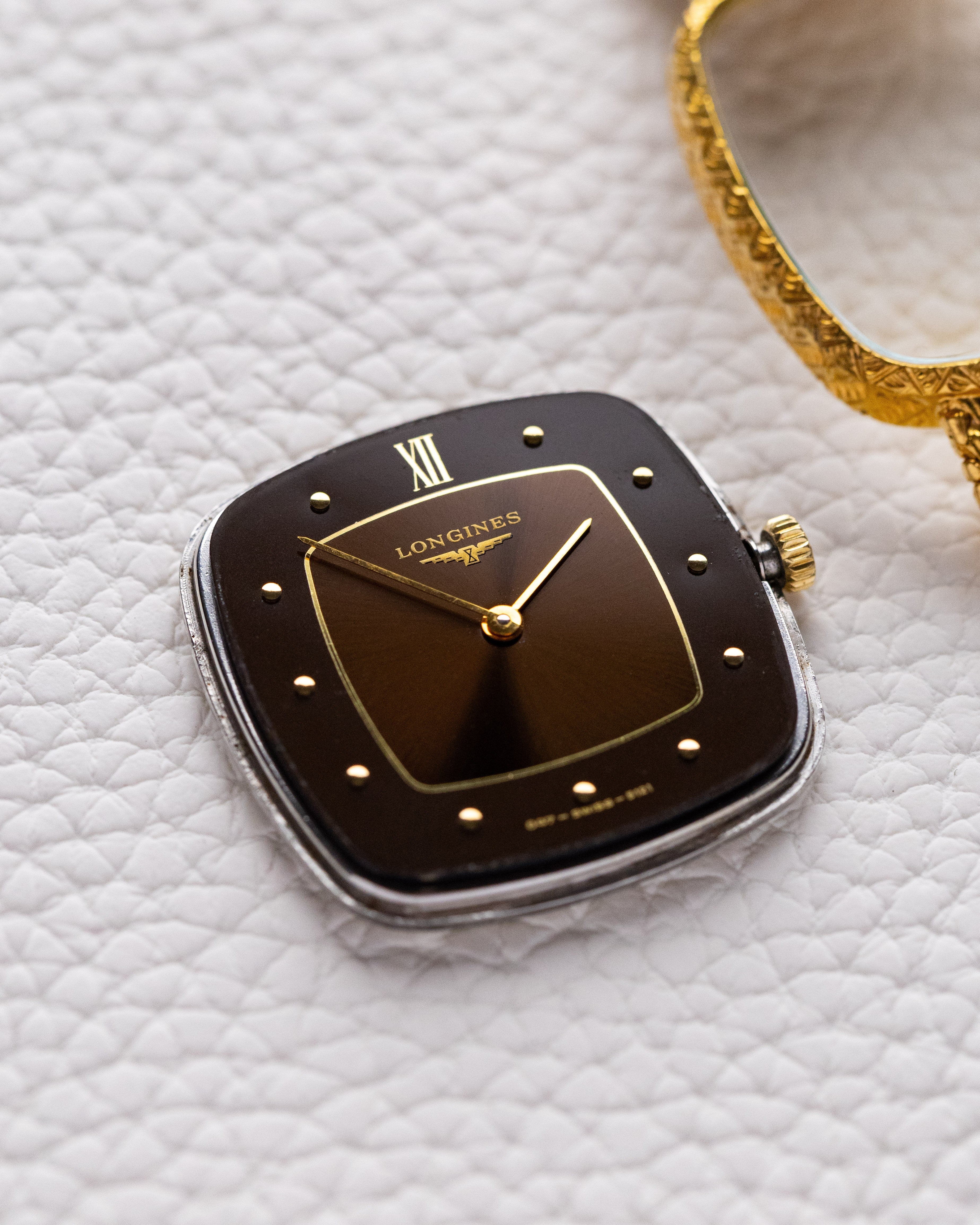 Vintage Longines Dress Watch, Cushion case, Chocolate Dial, Gold Mesh Bracelet, Cal. L847.4, Circa 1980 - DuMarko