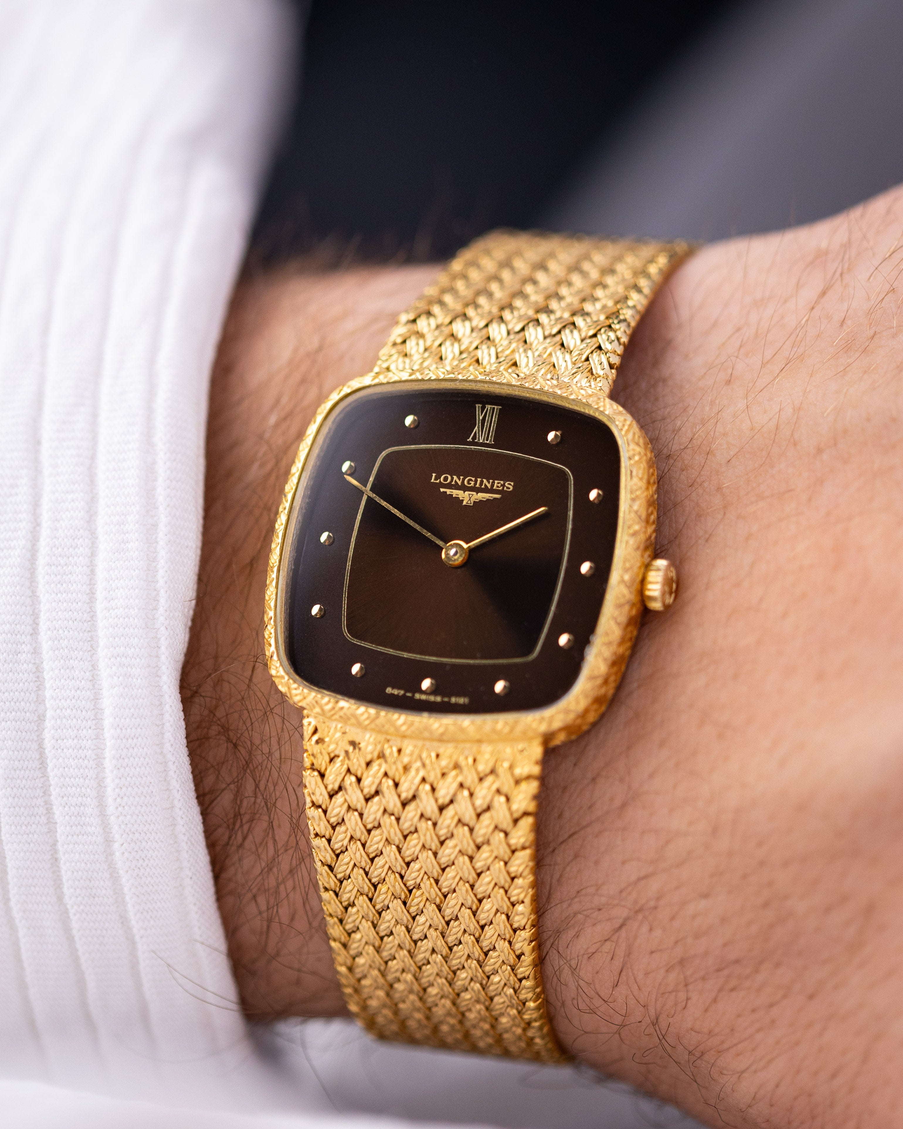 Vintage Longines Dress Watch, Cushion case, Chocolate Dial, Gold Mesh Bracelet, Cal. L847.4, Circa 1980 - DuMarko