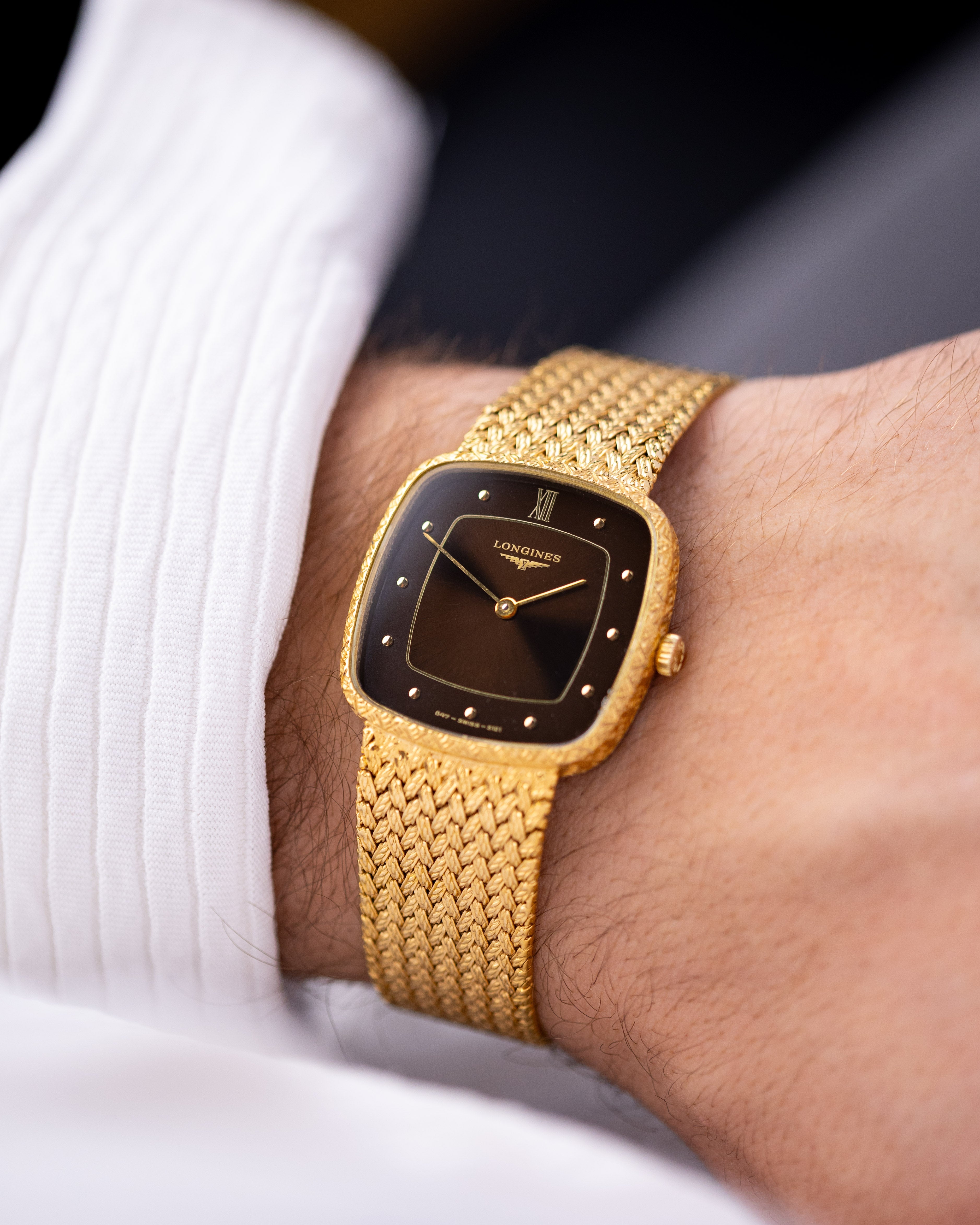 Vintage Longines Dress Watch, Cushion case, Chocolate Dial, Gold Mesh Bracelet, Cal. L847.4, Circa 1980 - DuMarko