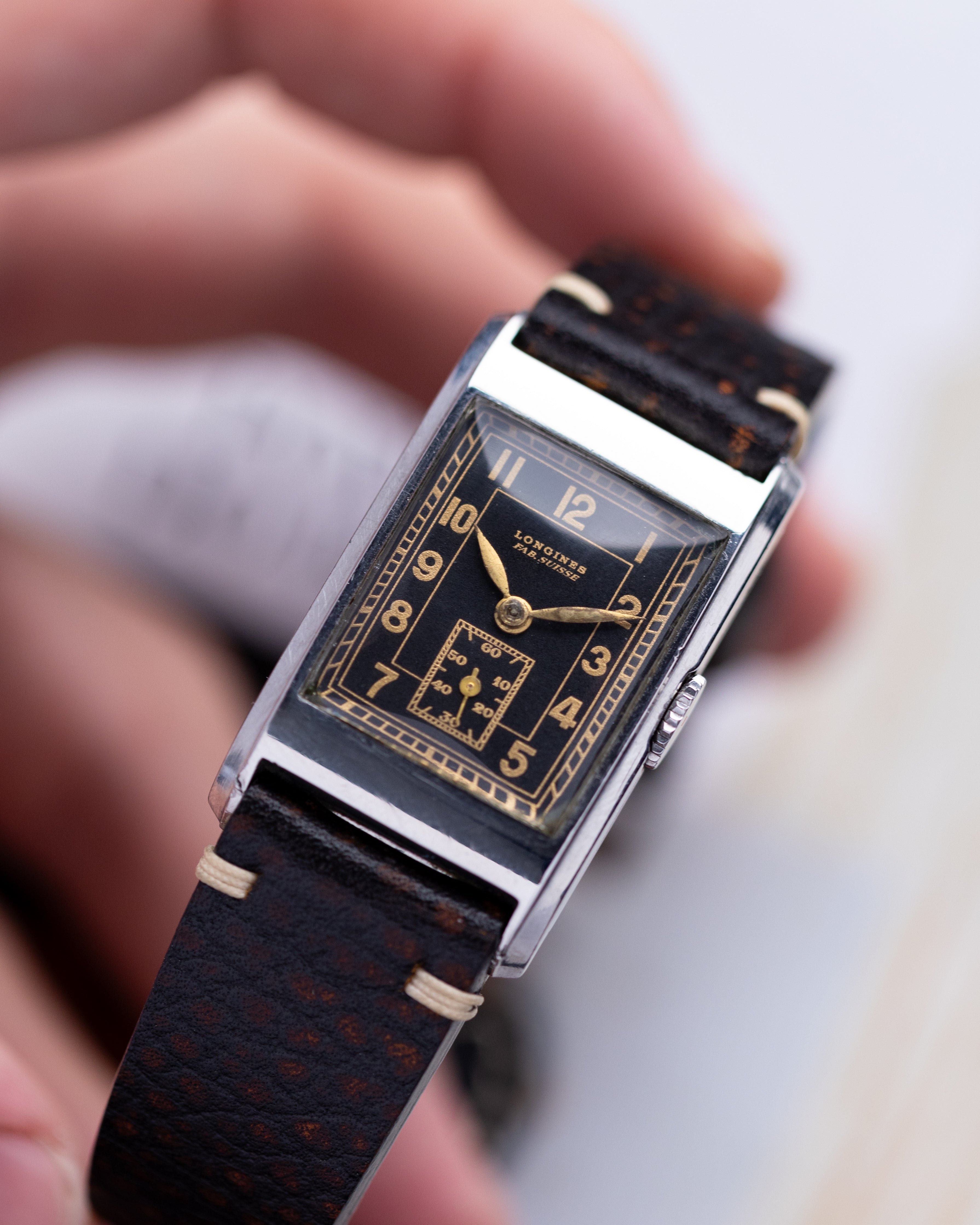 Vintage Longines, Rectangular Steel Tank, Gilded Dial from 1937