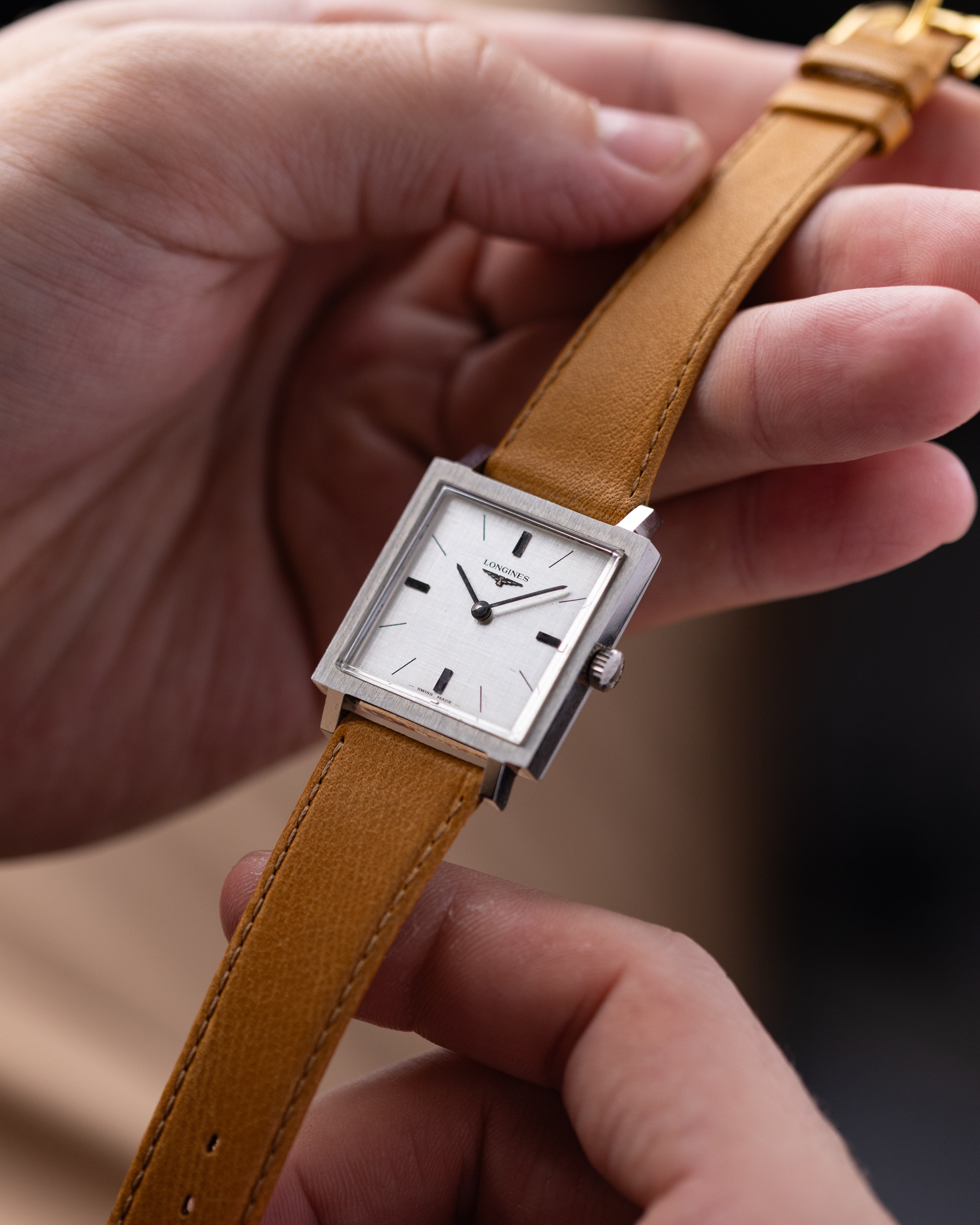 Vintage Longines Square Tank, Linen Silver Dial, Original Box
