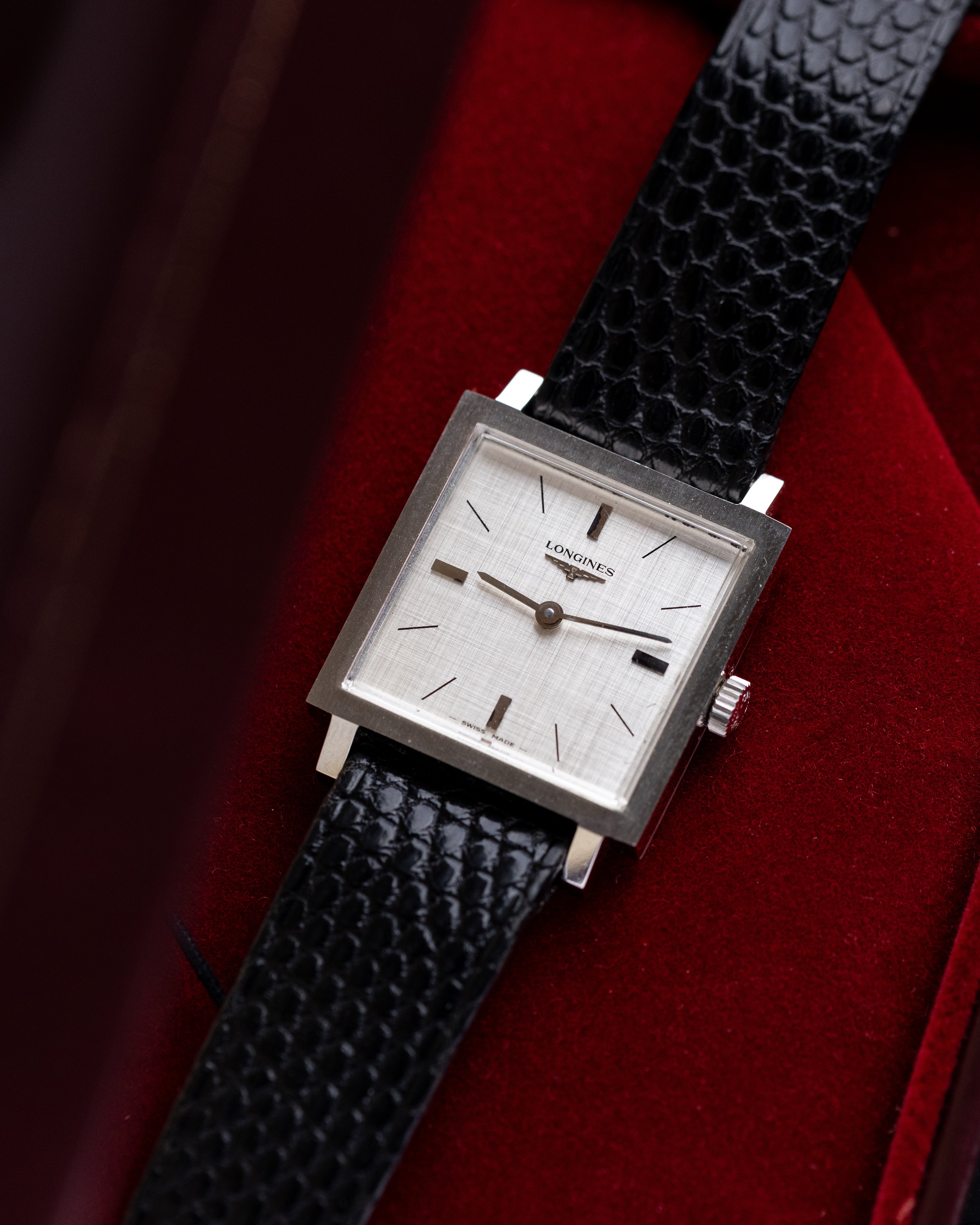 Vintage Longines Square Tank, Linen Silver Dial, Original Box