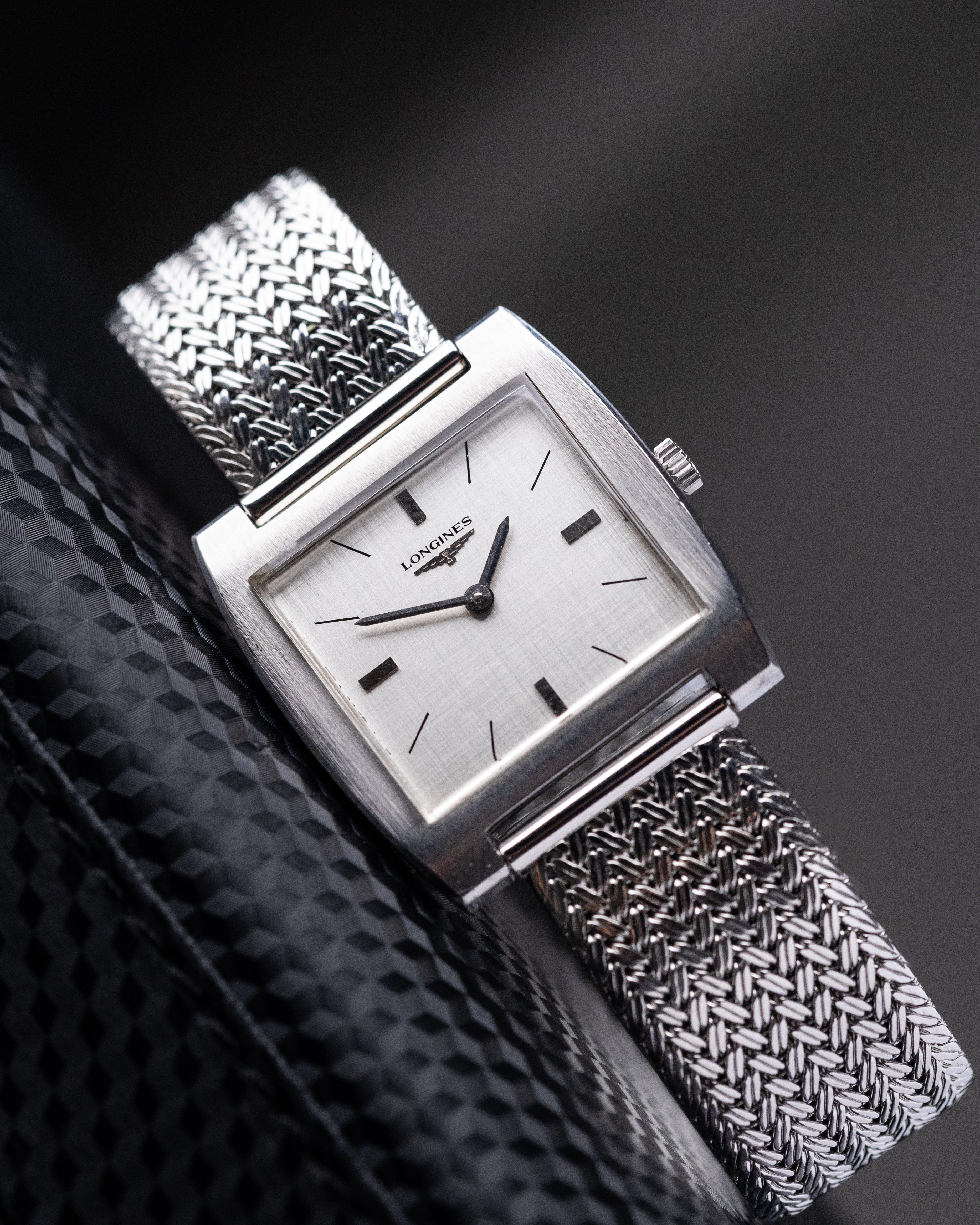 Vintage Longines Swiss Watch, Square Tank, Silver Linen Dial from 1970’s - DuMarko