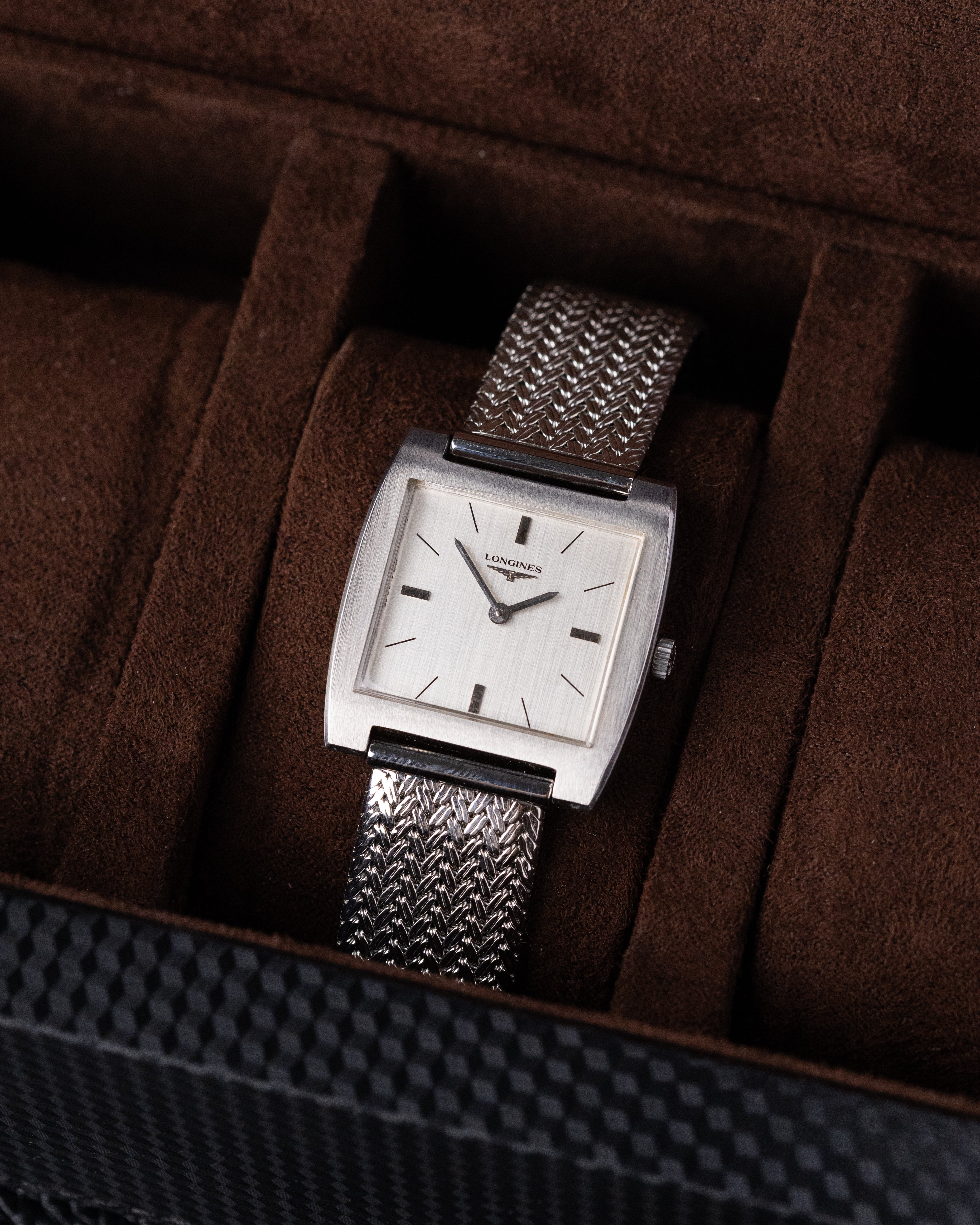 Vintage Longines Swiss Watch, Square Tank, Silver Linen Dial from 1970’s - DuMarko