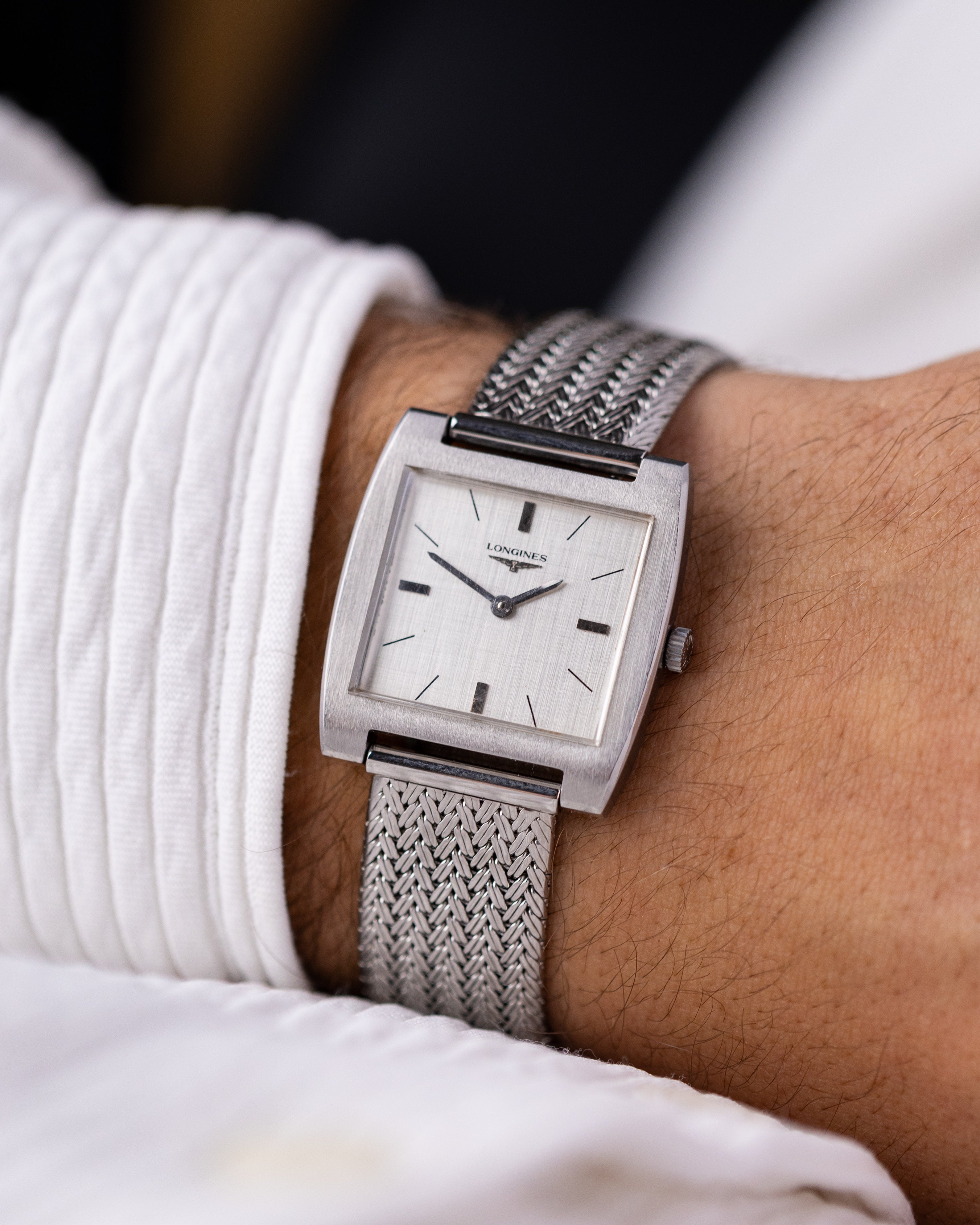 Vintage Longines Swiss Watch, Square Tank, Silver Linen Dial from 1970’s - DuMarko