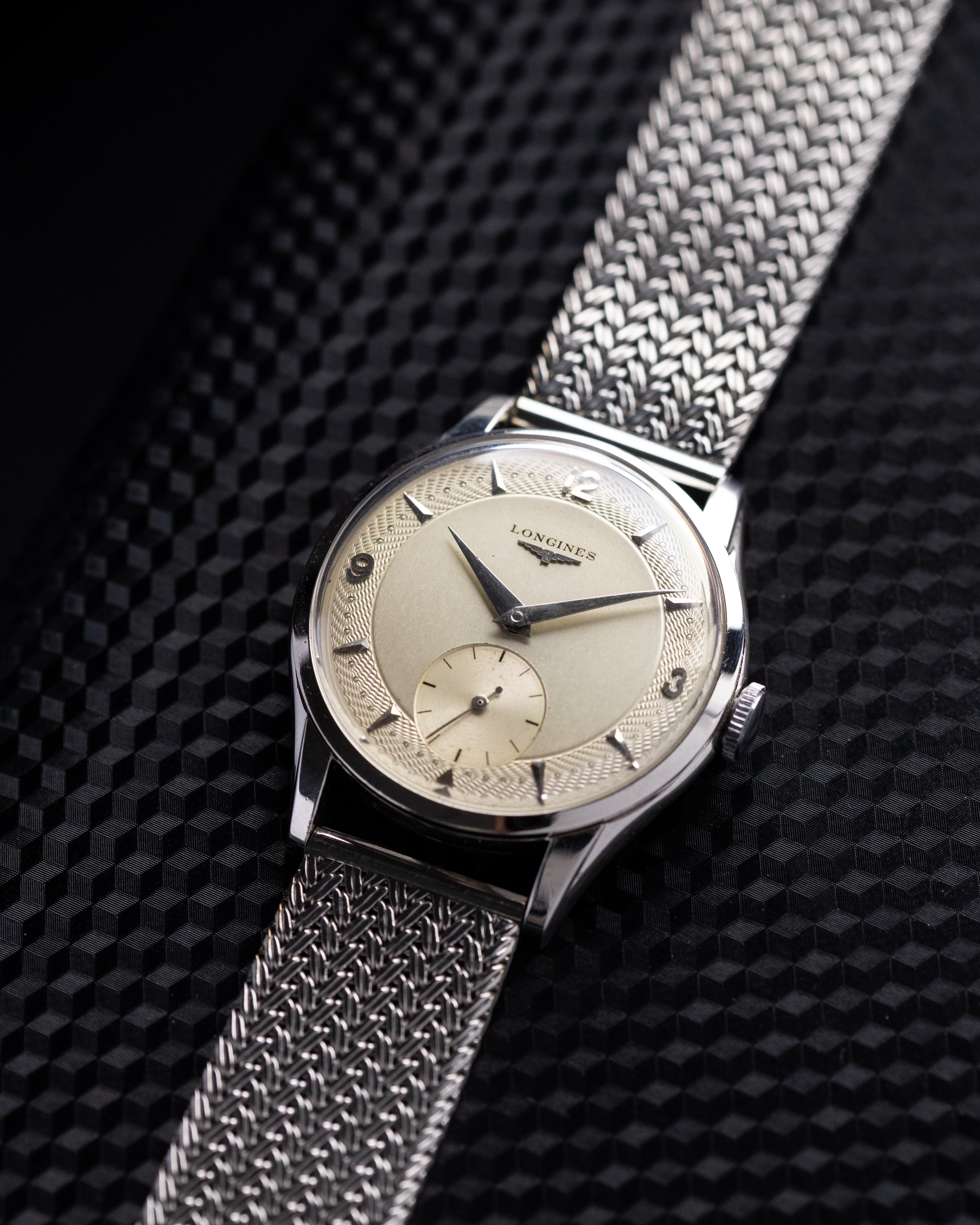 Vintage Longines Swiss Watch, Unique Guilloché Dial, Ref. 7033 - 2, Cal. 12.68Z from 1954 - DuMarko