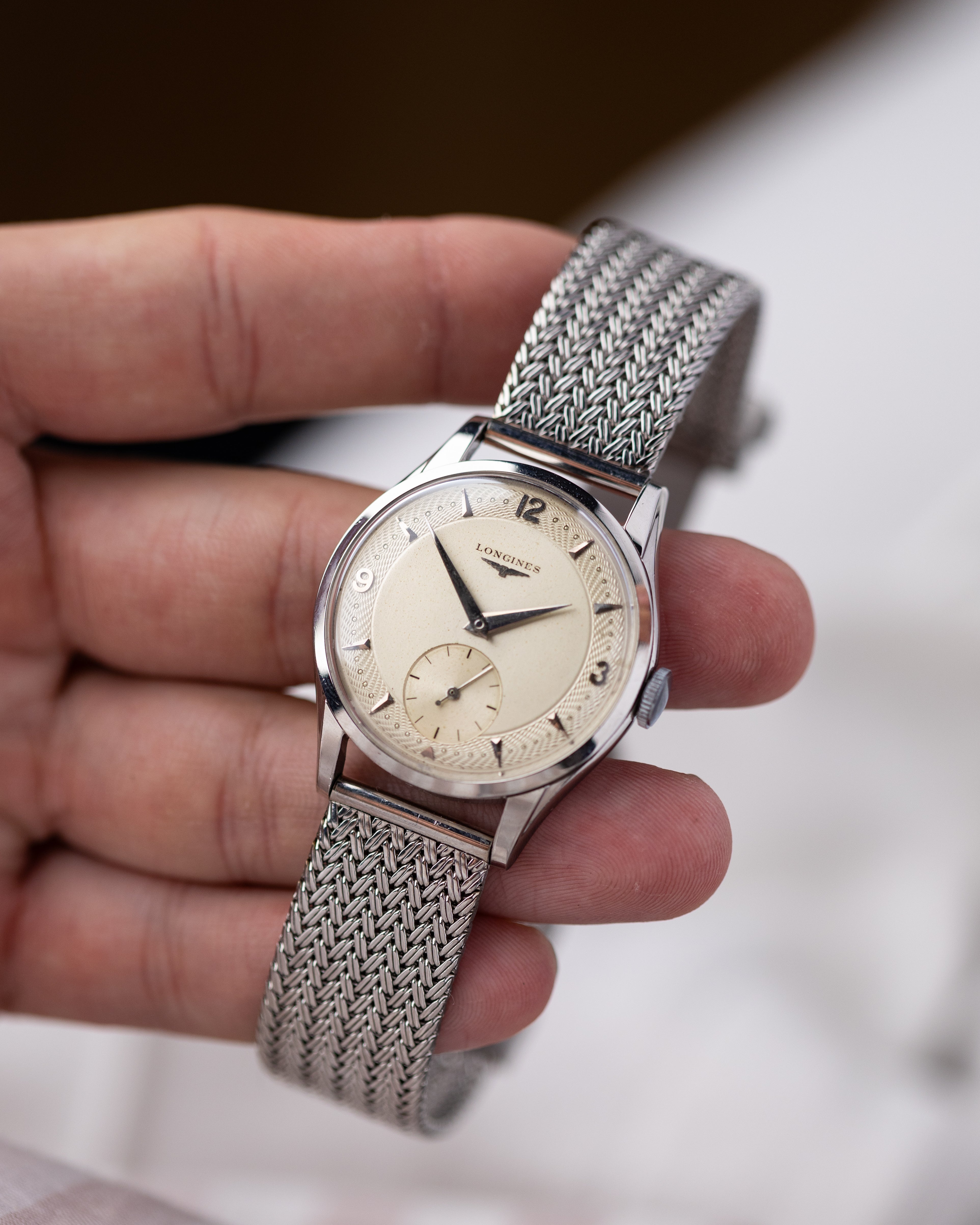 Vintage Longines Swiss Watch, Unique Guilloché Dial, Ref. 7033 - 2, Cal. 12.68Z from 1954 - DuMarko