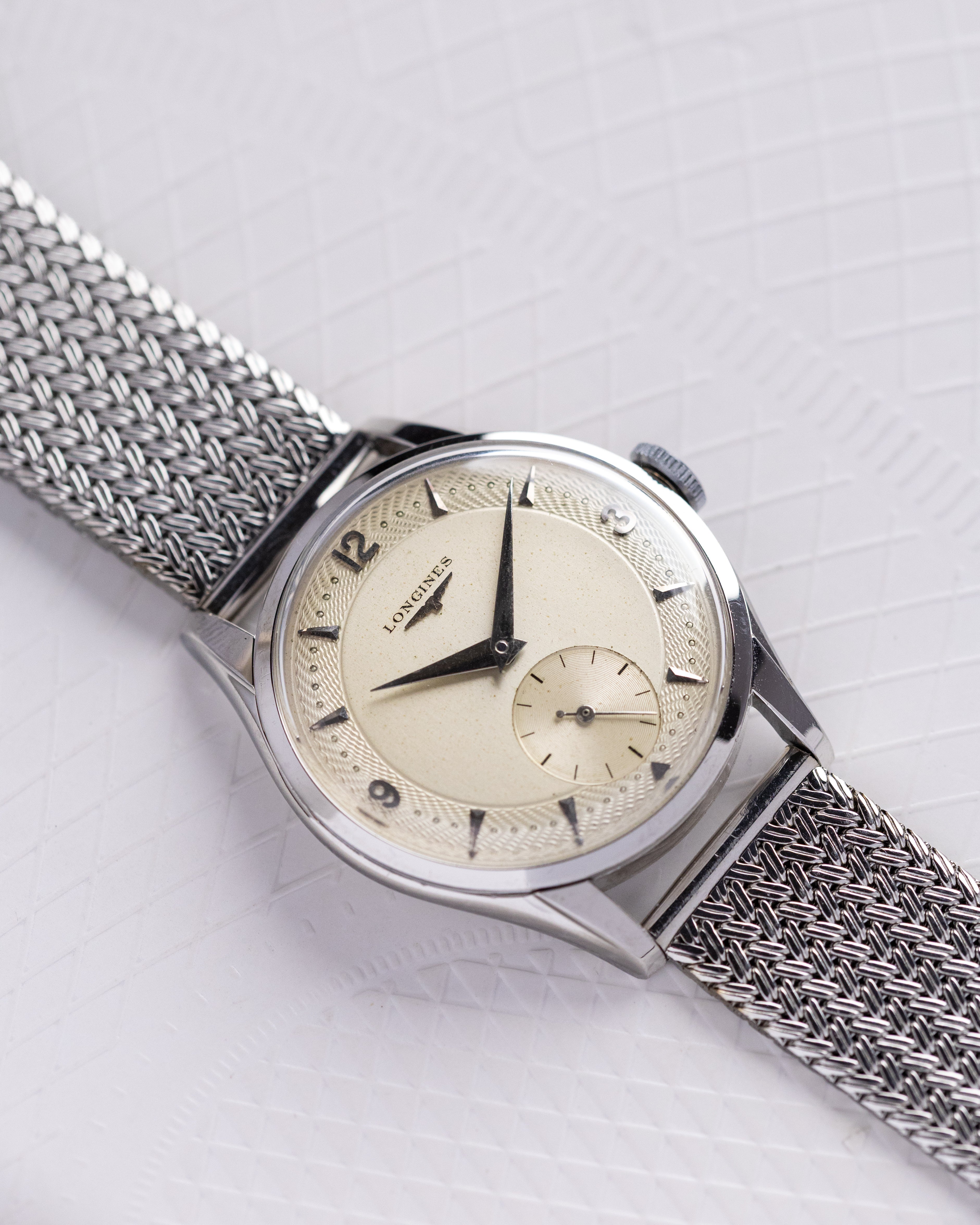 Vintage Longines Swiss Watch, Unique Guilloché Dial, Ref. 7033 - 2, Cal. 12.68Z from 1954 - DuMarko