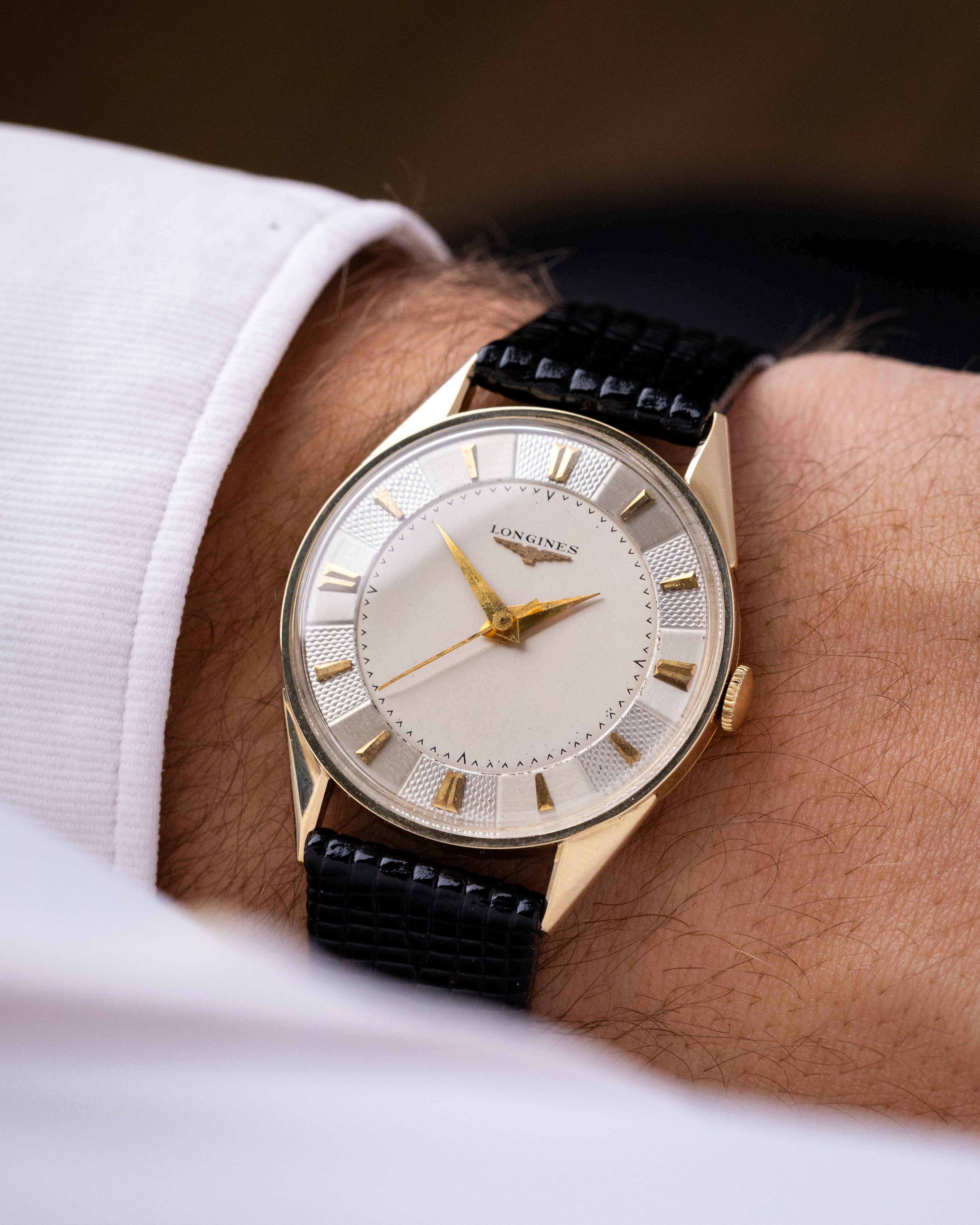 Vintage Longines x Wittnauer, 14K Solid Gold Dress Watch with Guilloché Dial from 1954 - DuMarko