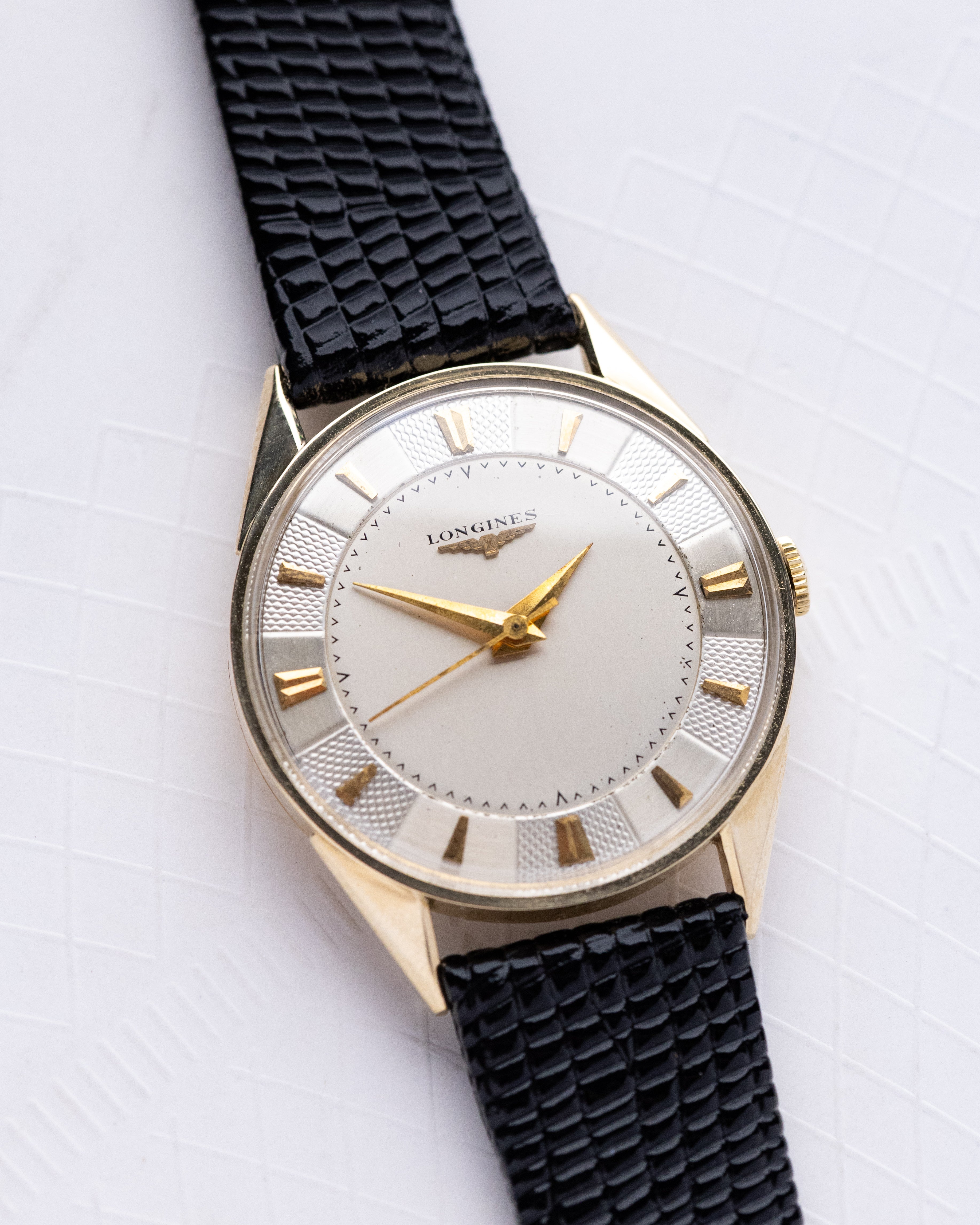 Vintage Longines x Wittnauer, 14K Solid Gold Dress Watch with Guilloché Dial from 1954 - DuMarko