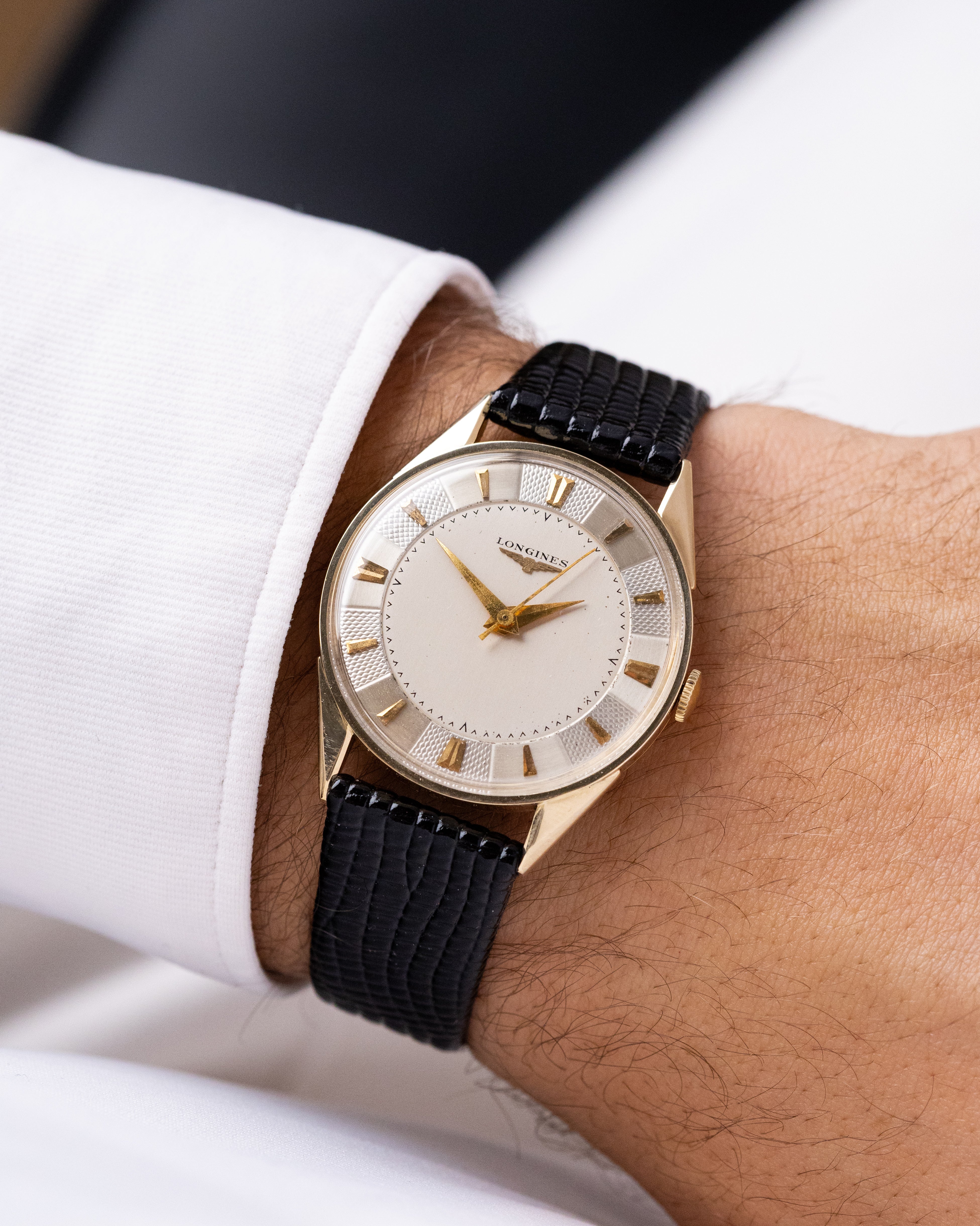 Vintage Longines x Wittnauer, 14K Solid Gold Dress Watch with Guilloché Dial from 1954 - DuMarko