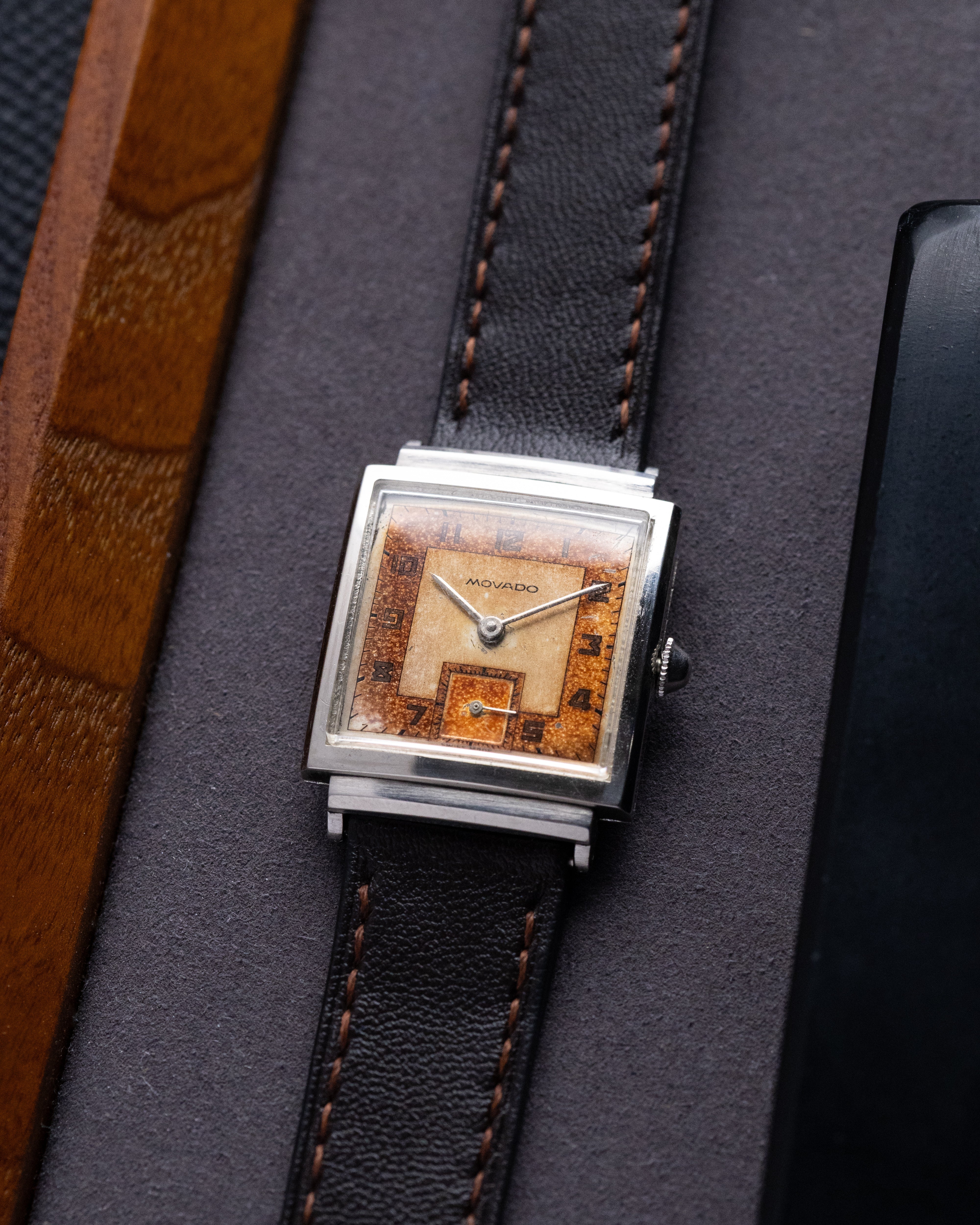 Vintage Movado Swiss Watch, Art Deco Square Tank, Two - tone Salmon Dial from 1940's, Beautiful patina - DuMarko