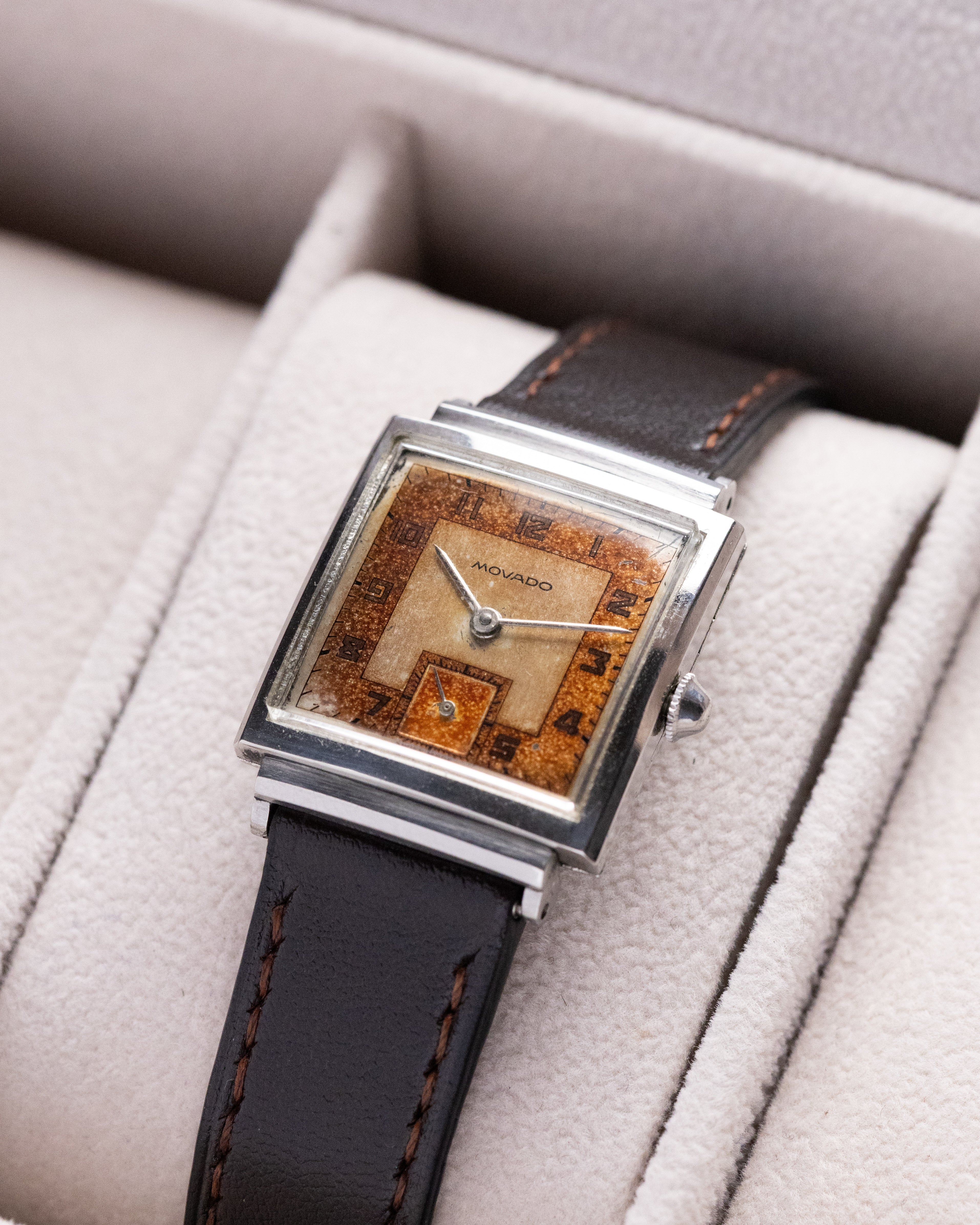 Vintage Movado Swiss Watch, Art Deco Square Tank, Two - tone Salmon Dial from 1940's, Beautiful patina - DuMarko
