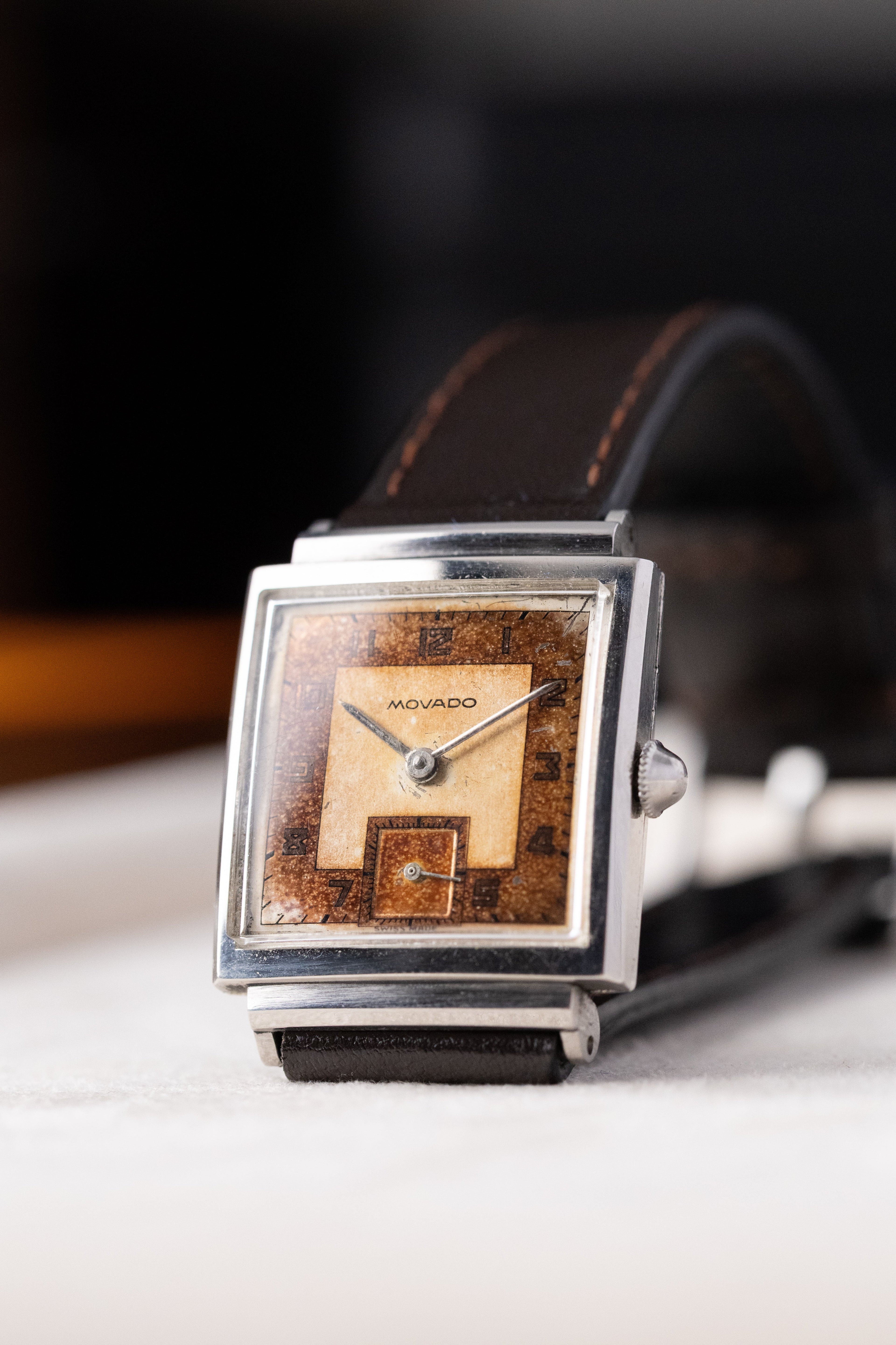 Vintage Movado Swiss Watch, Art Deco Square Tank, Two - tone Salmon Dial from 1940's, Beautiful patina - DuMarko
