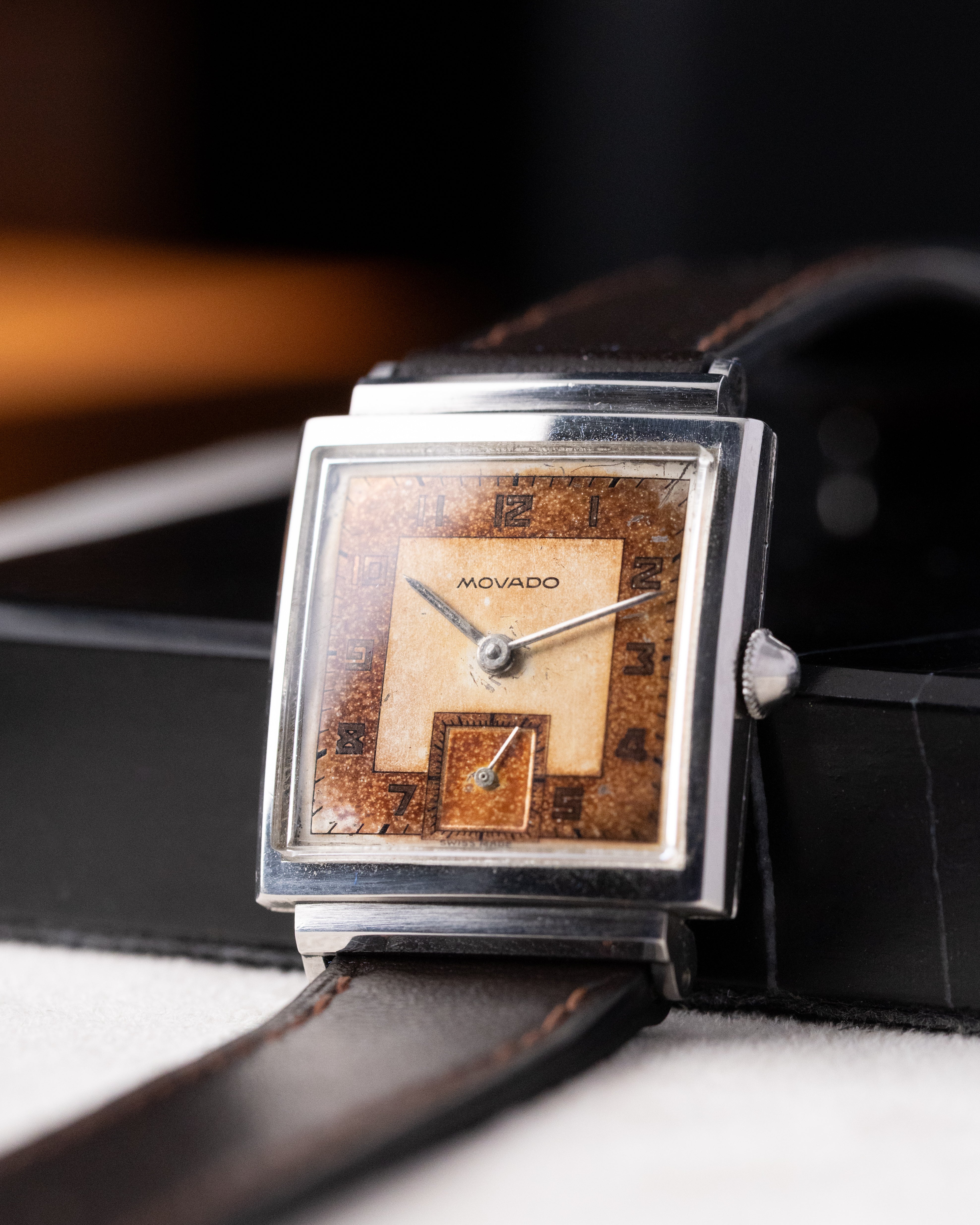 Vintage Movado Swiss Watch, Art Deco Square Tank, Two - tone Salmon Dial from 1940's, Beautiful patina - DuMarko