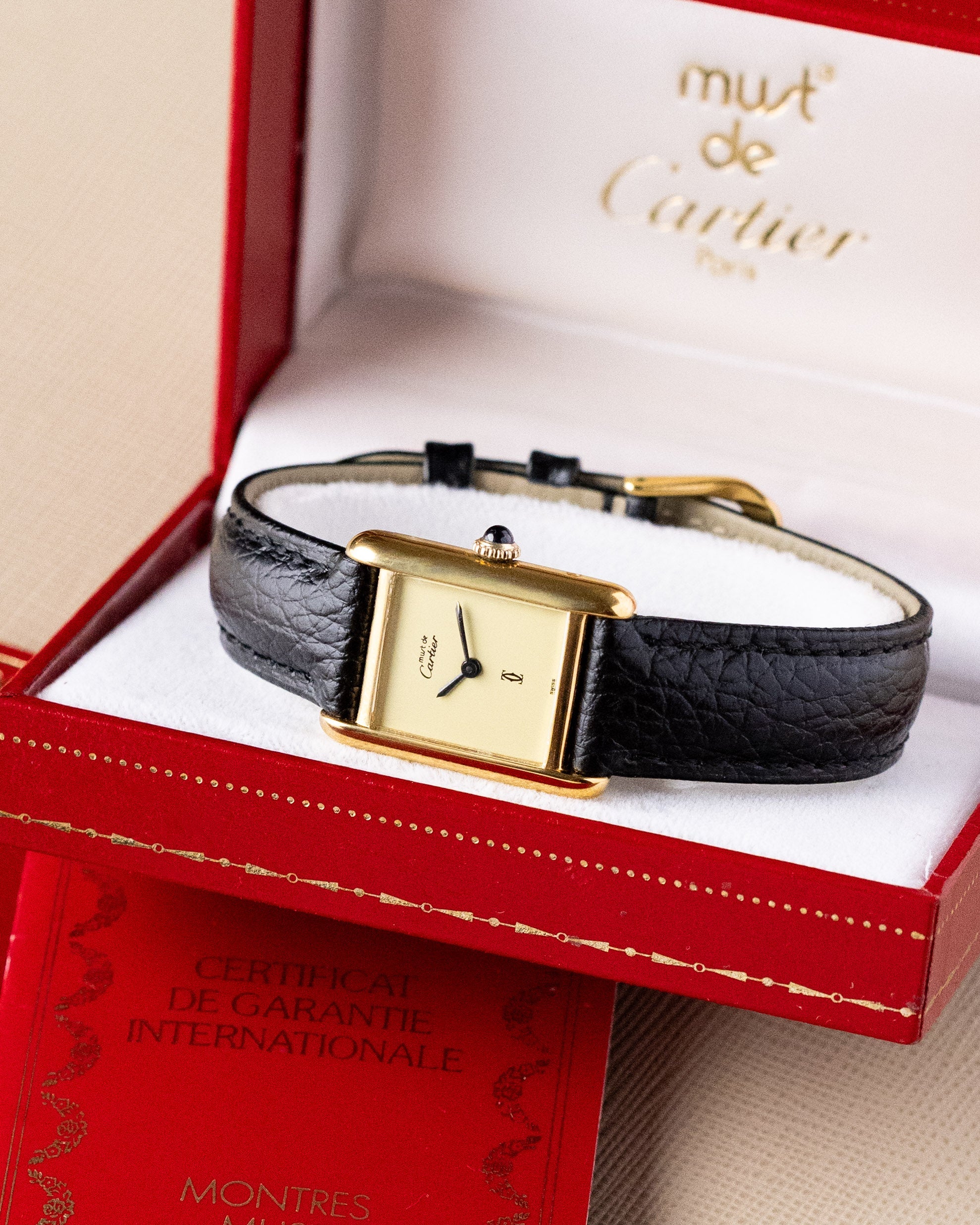 Vintage Must de Cartier Tank, Mechanical, Lemon Dial, Vermeil Case, Original Box & Papers - DuMarko