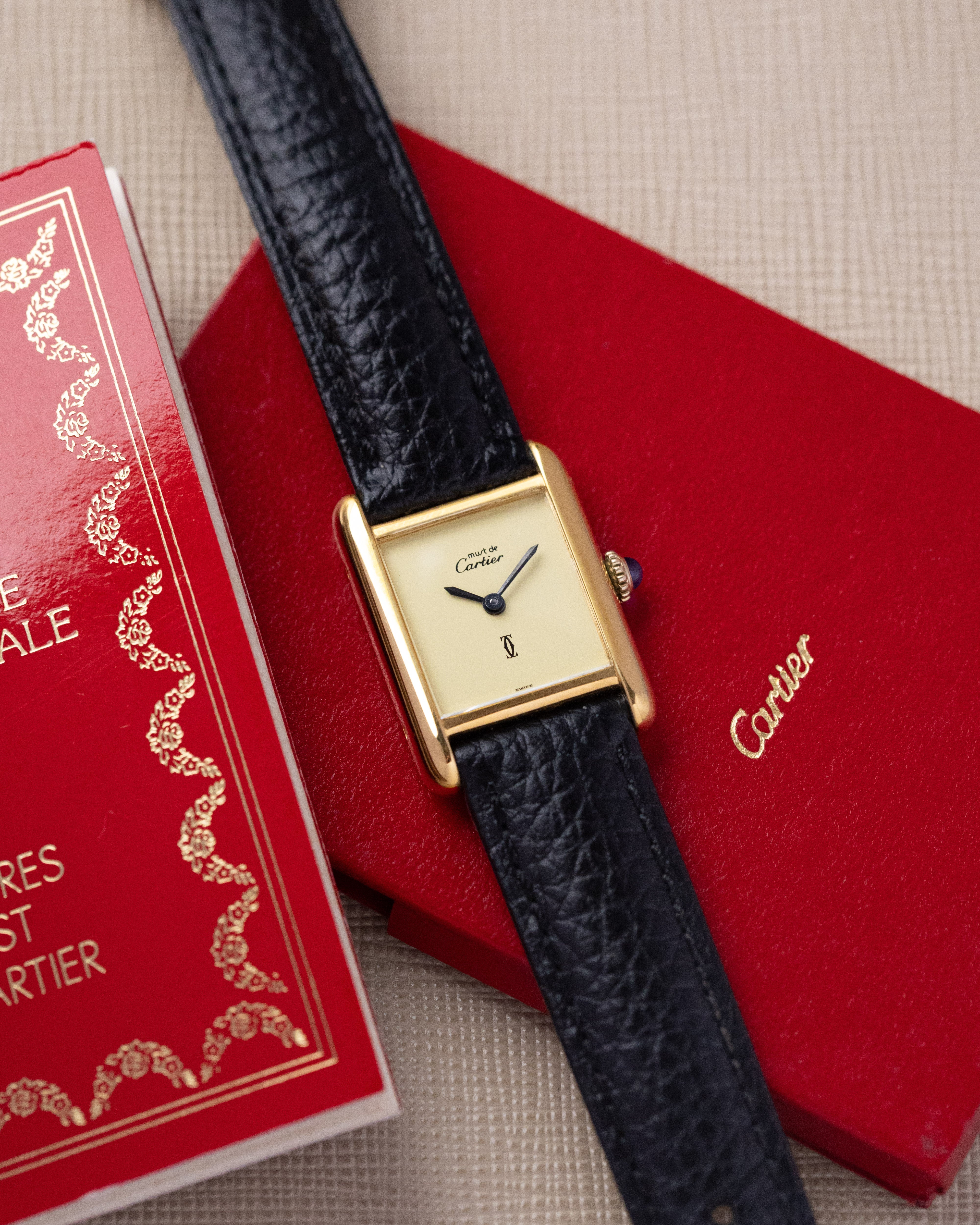 Vintage Must de Cartier Tank, Mechanical, Lemon Dial, Vermeil Case, Original Box & Papers - DuMarko