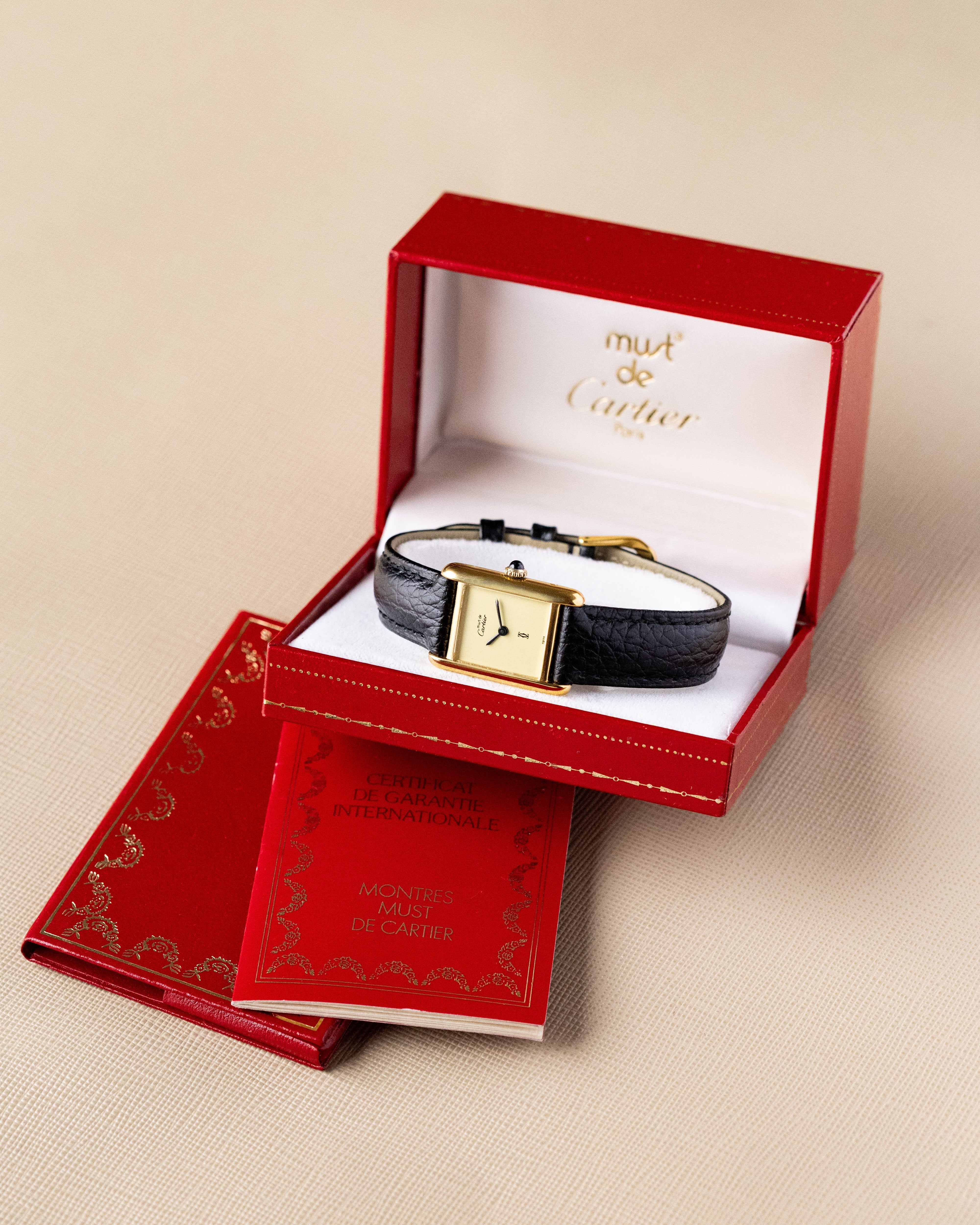 Vintage Must de Cartier Tank, Mechanical, Lemon Dial, Vermeil Case, Original Box & Papers - DuMarko