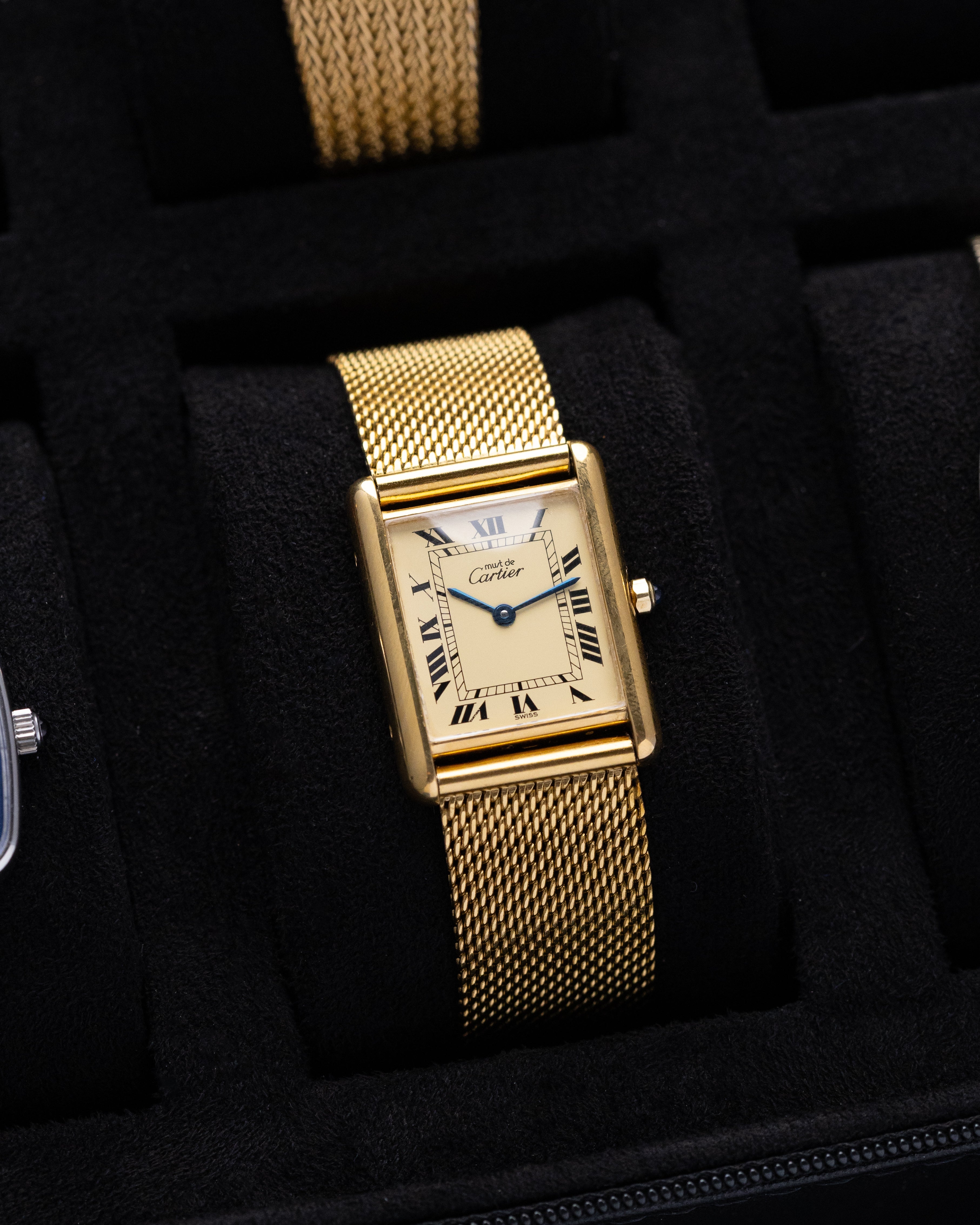 Vintage Must de Cartier Tank Vermeil, Lemon Dial with roman numerals, Ref. 6 81006 from 1980s, with original documents. - DuMarko