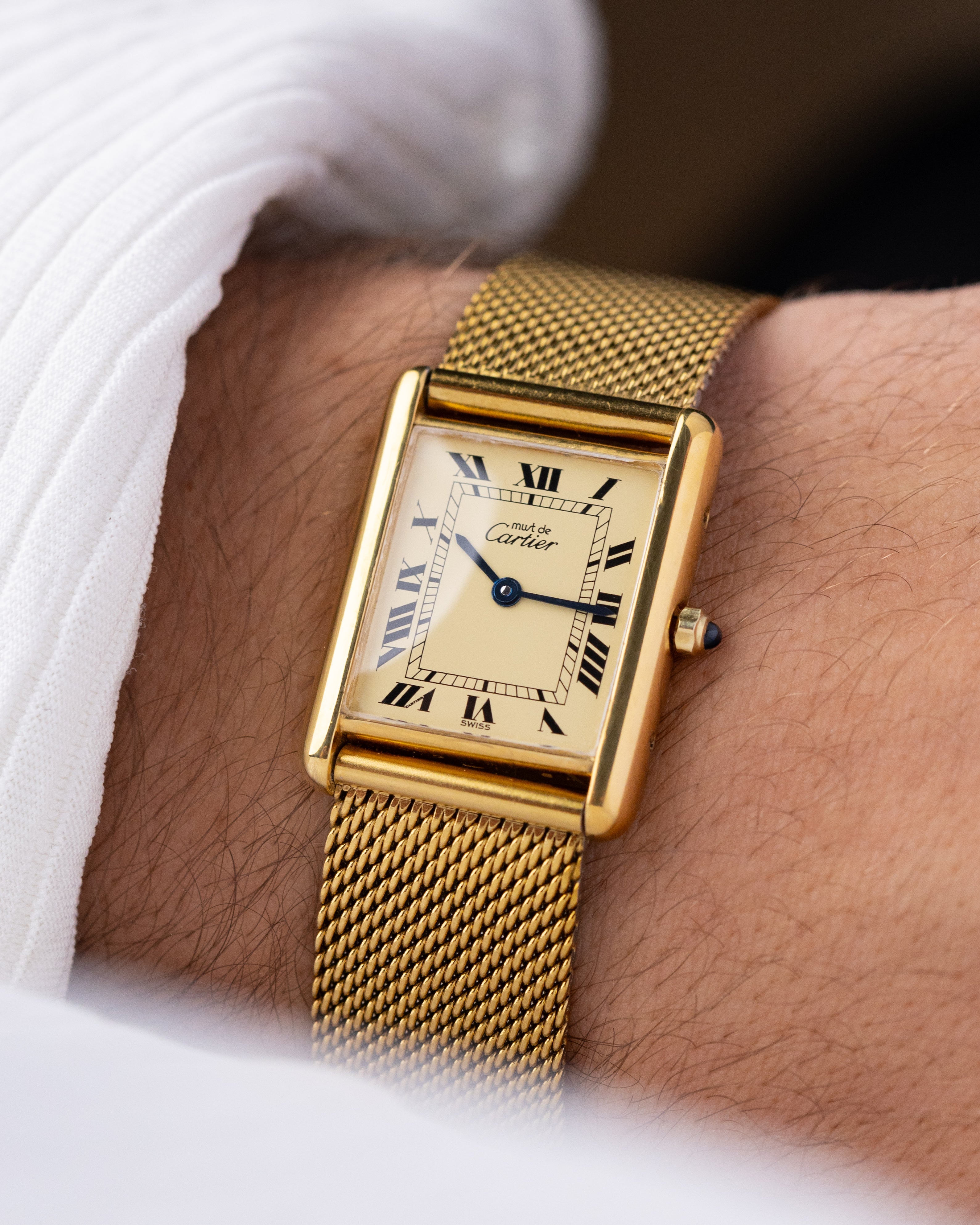 Vintage Must de Cartier Tank Vermeil, Lemon Dial with roman numerals, Ref. 6 81006 from 1980s, with original documents. - DuMarko