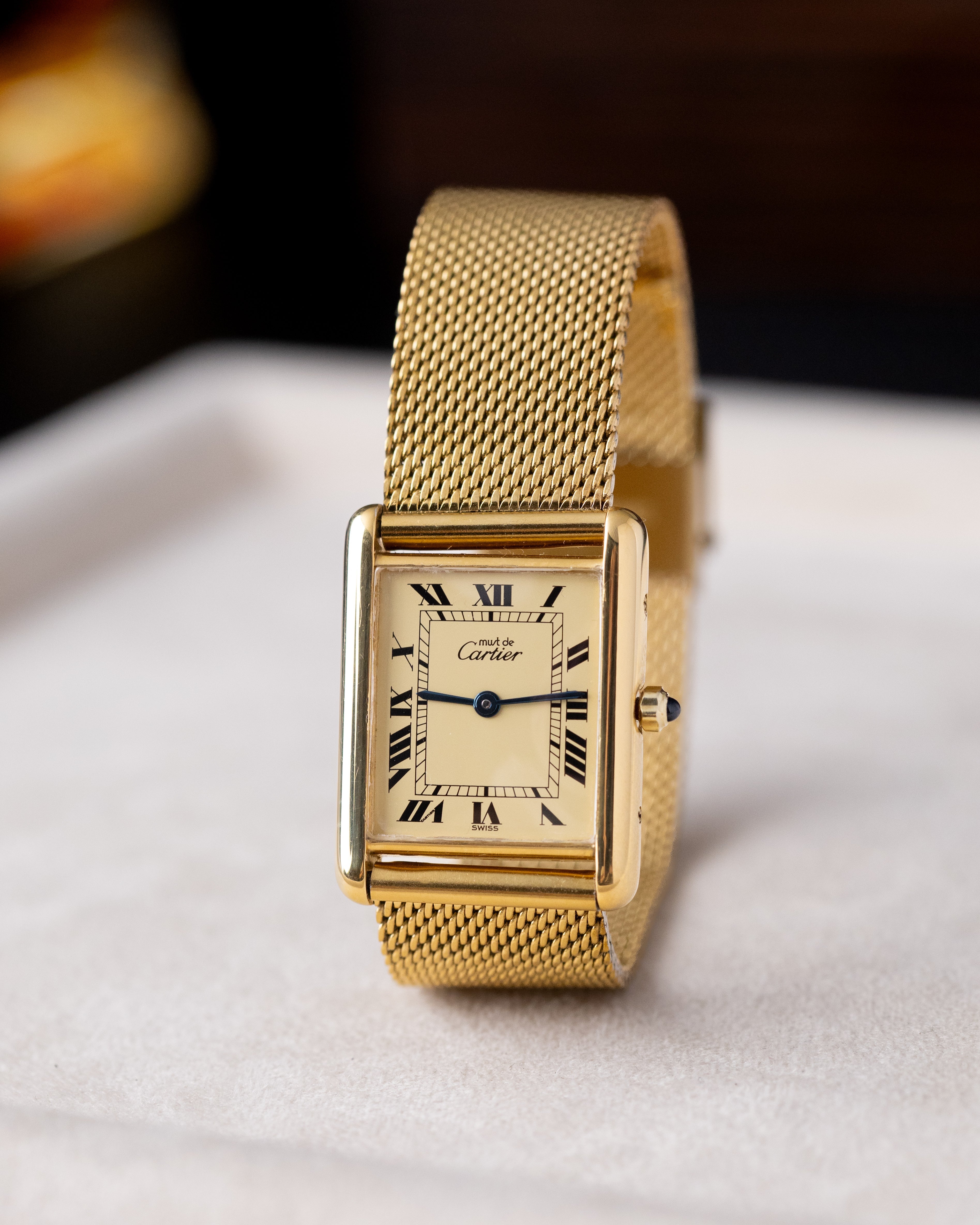 Vintage Must de Cartier Tank Vermeil, Lemon Dial with roman numerals, Ref. 6 81006 from 1980s, with original documents. - DuMarko