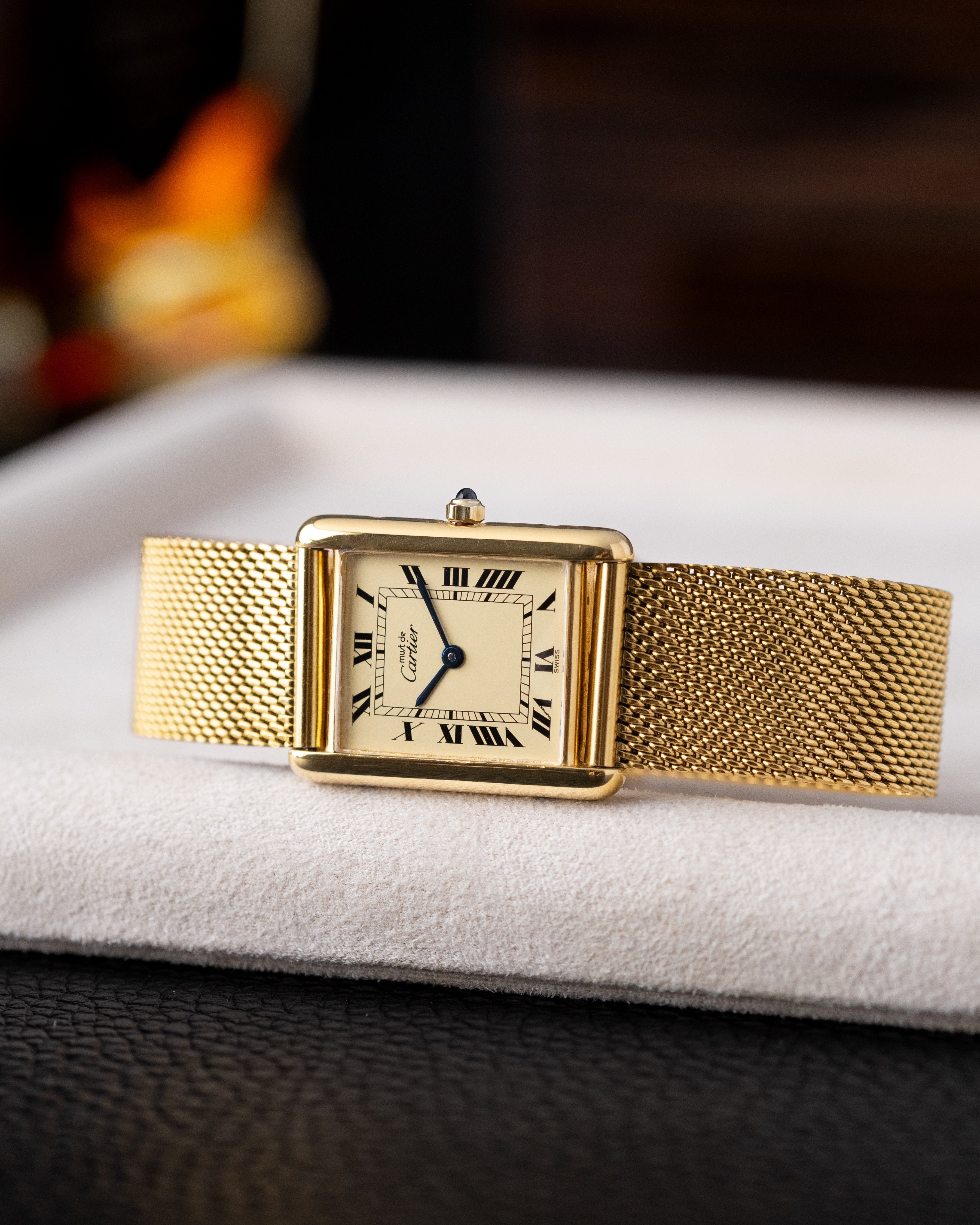 Vintage Must de Cartier Tank Vermeil, Lemon Dial with roman numerals, Ref. 6 81006 from 1980s, with original documents. - DuMarko