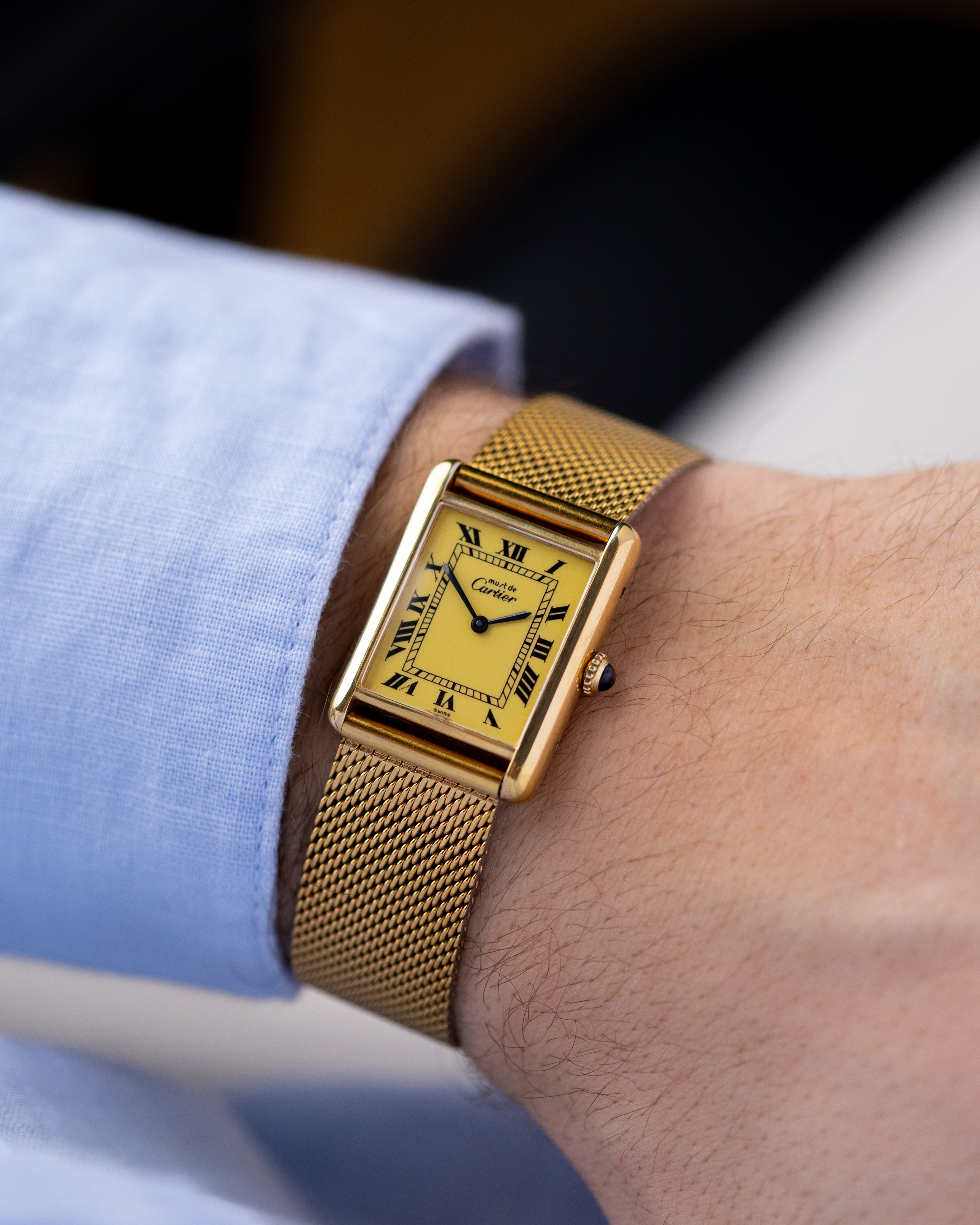 Vintage Must de Cartier Tank Vermeil, Mechanical, Lemon Dial with roman numerals, Ref. 6 040003 from 1980s - DuMarko