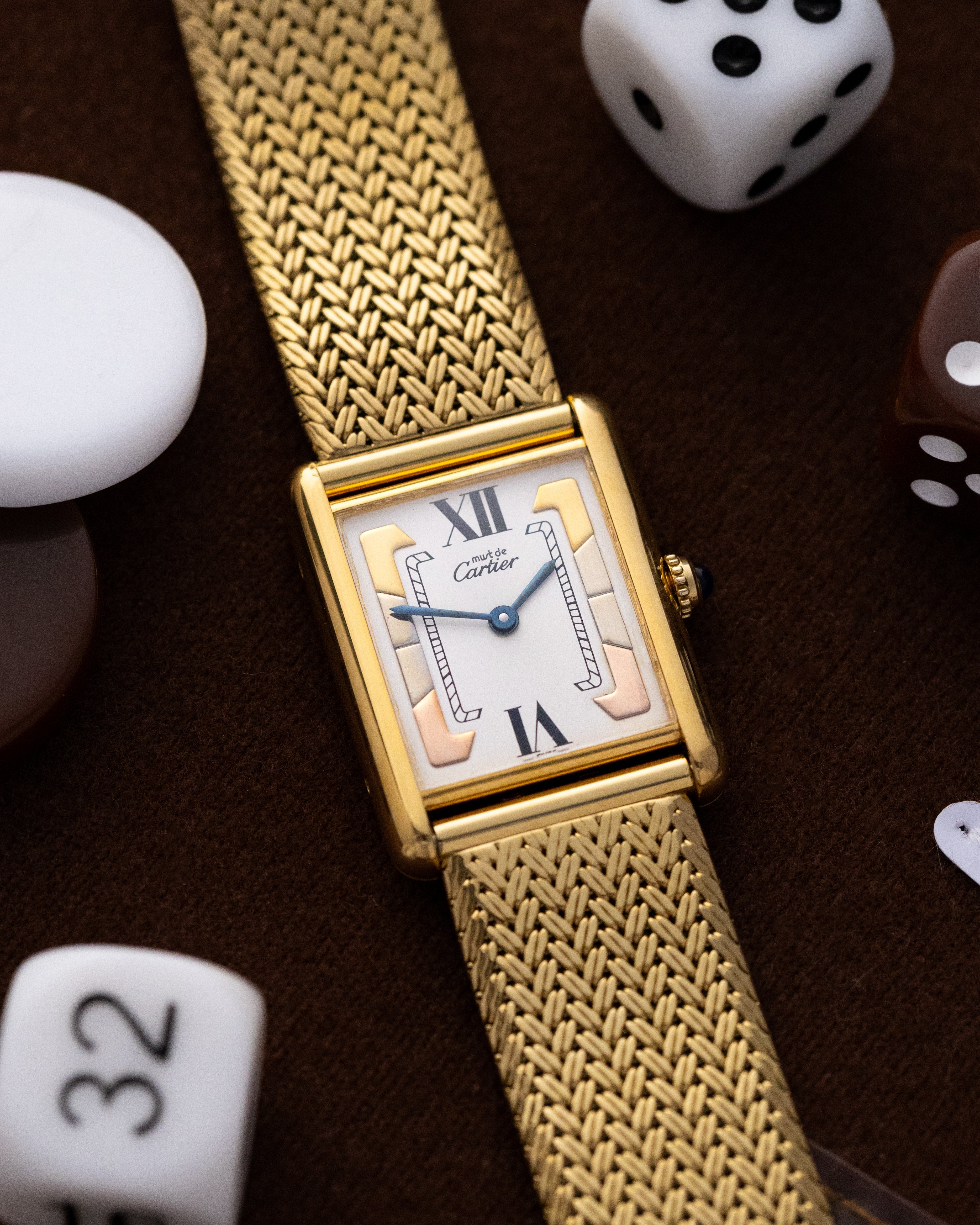 Vintage Must de Cartier Tank Vermeil, Trinity Dial, Ref. 590005, Swiss Quartz Watch - DuMarko