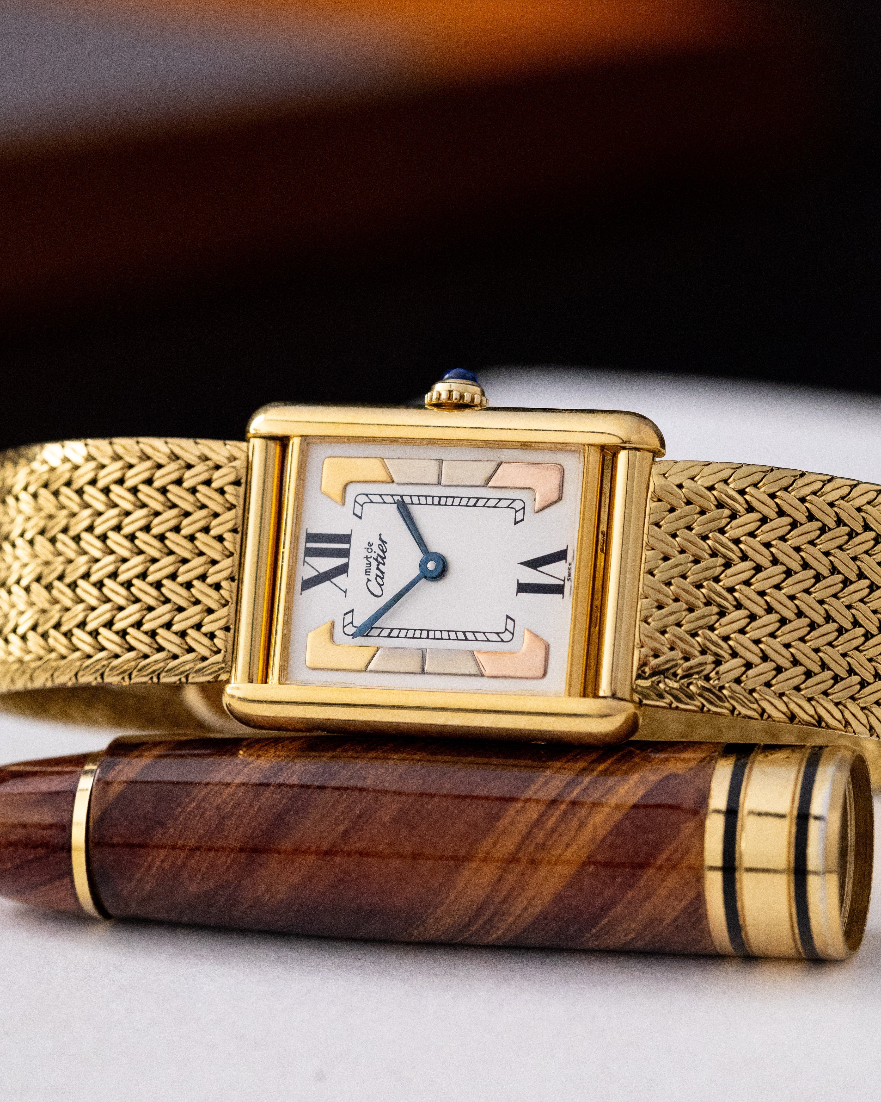 Vintage Must de Cartier Tank Vermeil, Trinity Dial, Ref. 590005, Swiss Quartz Watch - DuMarko
