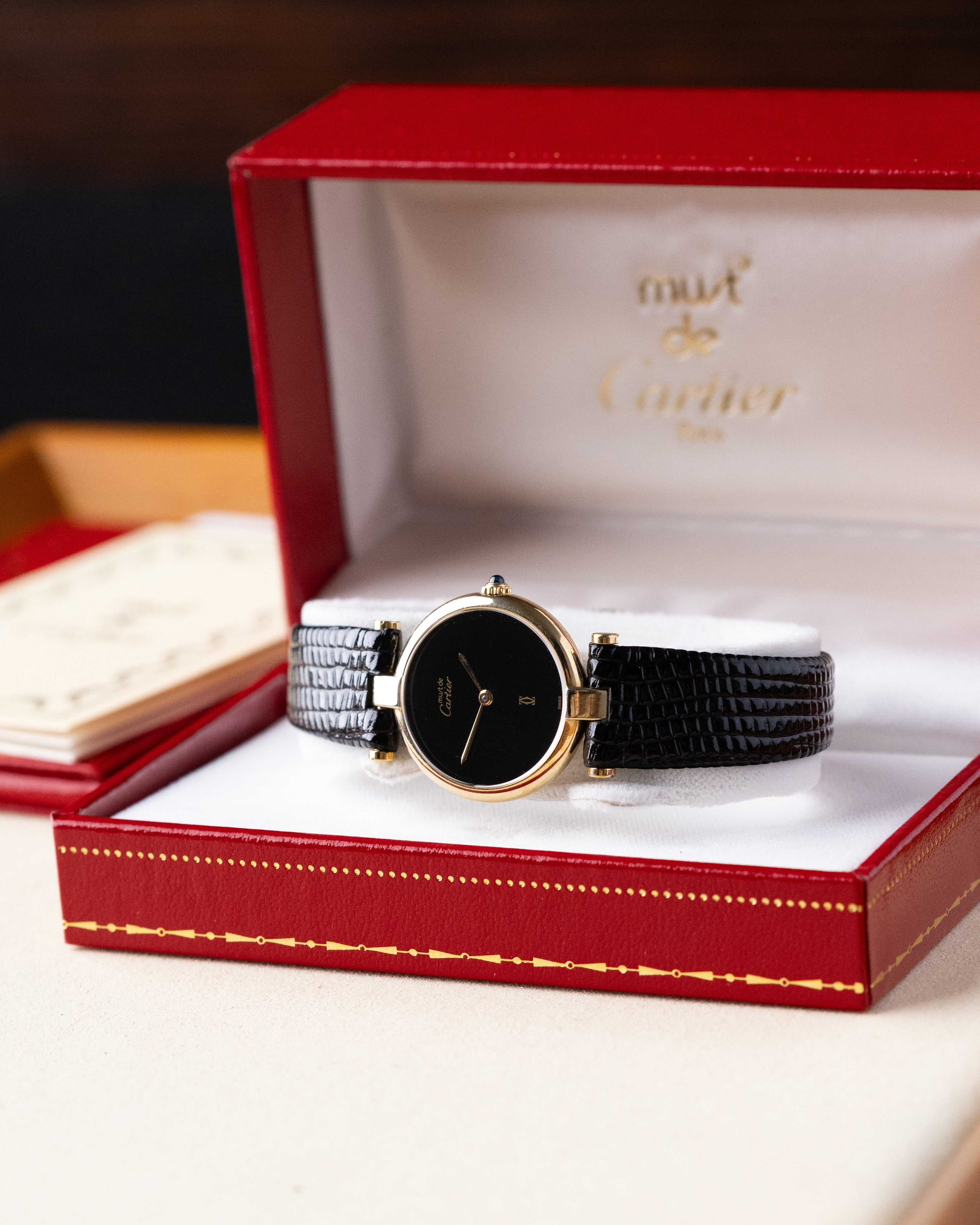 Vintage Must de Cartier Vendome Quartz, “Onyx” Style Black Dial, Original Box and Documents (Full Set) - DuMarko
