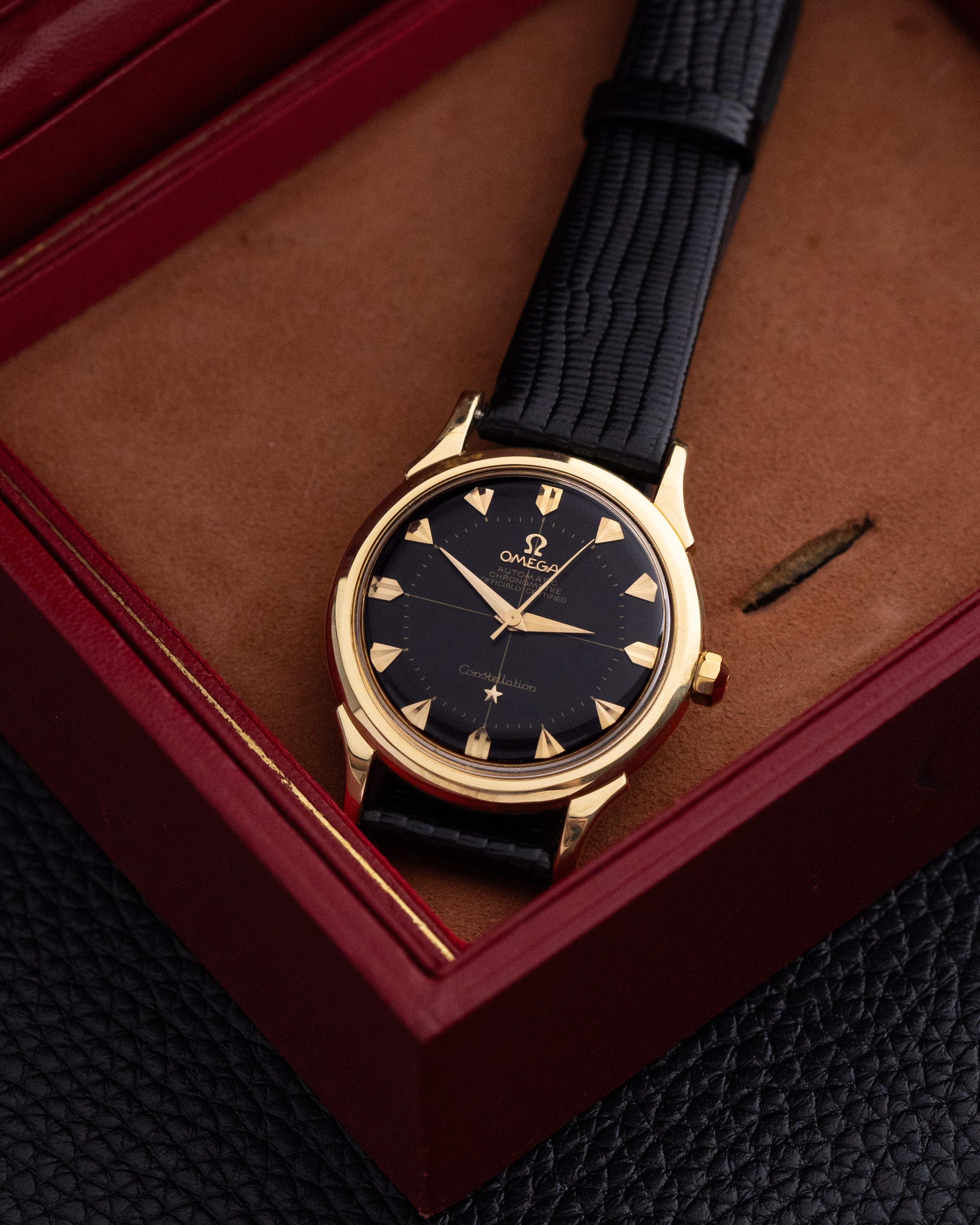 Vintage Omega Constellation, Ref. 2852/2853 SC, Solid 18K Gold Case, Black Crosshair Dial, 1956 Cal. 505 - DuMarko