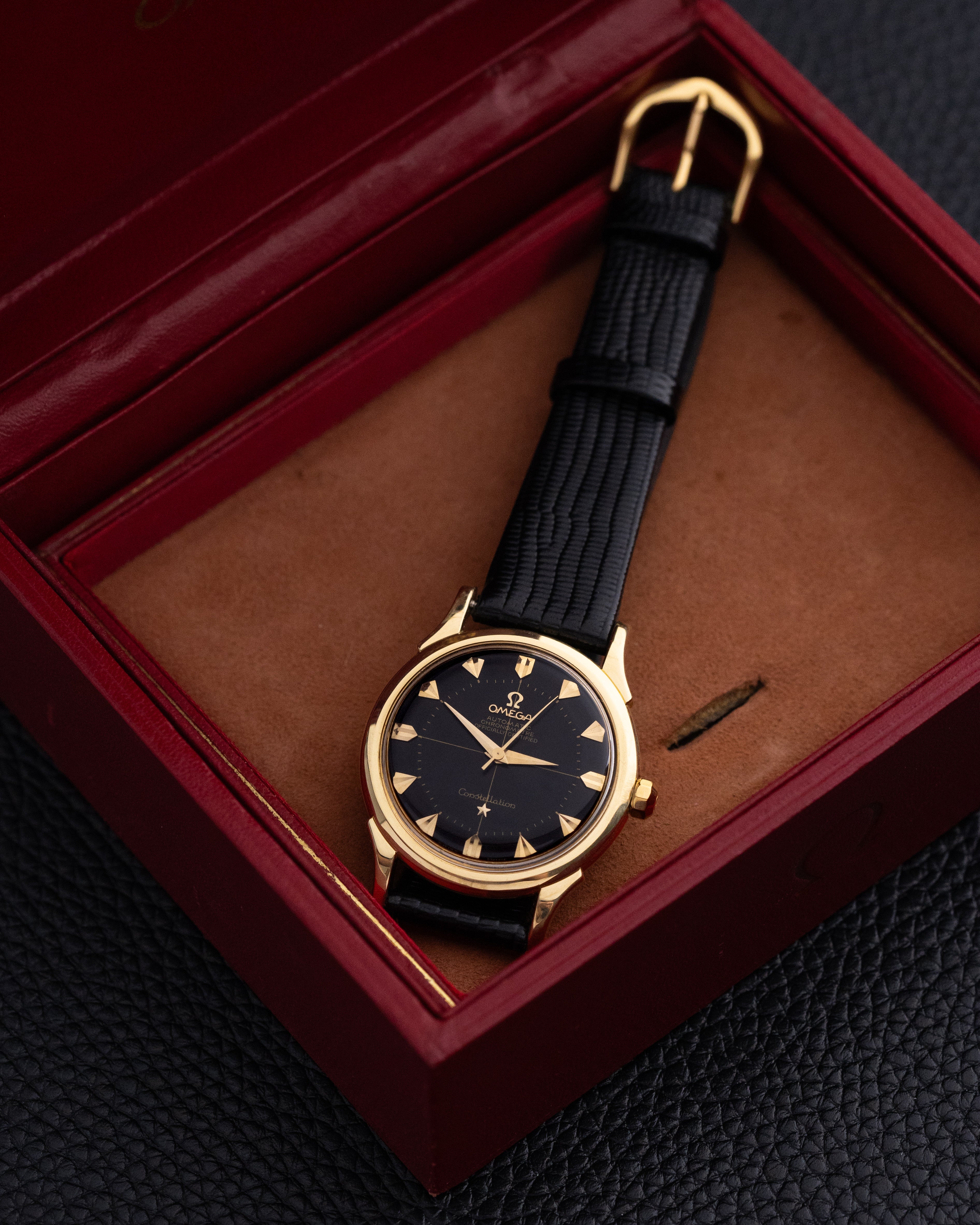 Vintage Omega Constellation, Ref. 2852/2853 SC, Solid 18K Gold Case, Black Crosshair Dial, 1956 Cal. 505 - DuMarko