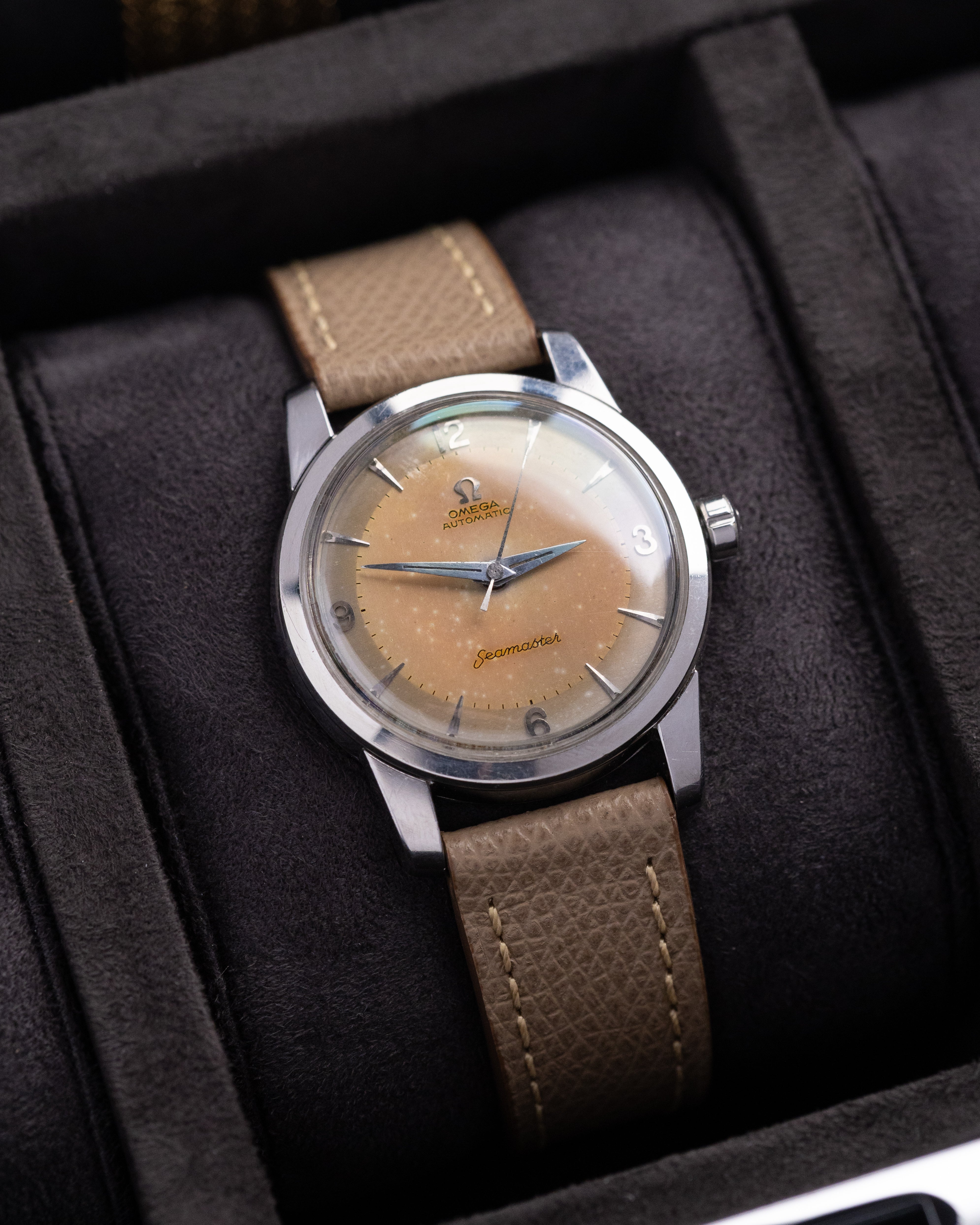 Vintage Omega Seamaster “Fat Lugs” Swiss Watch, Cal. 501, Two - Tone Salmon Patina Dial from 1956 - DuMarko