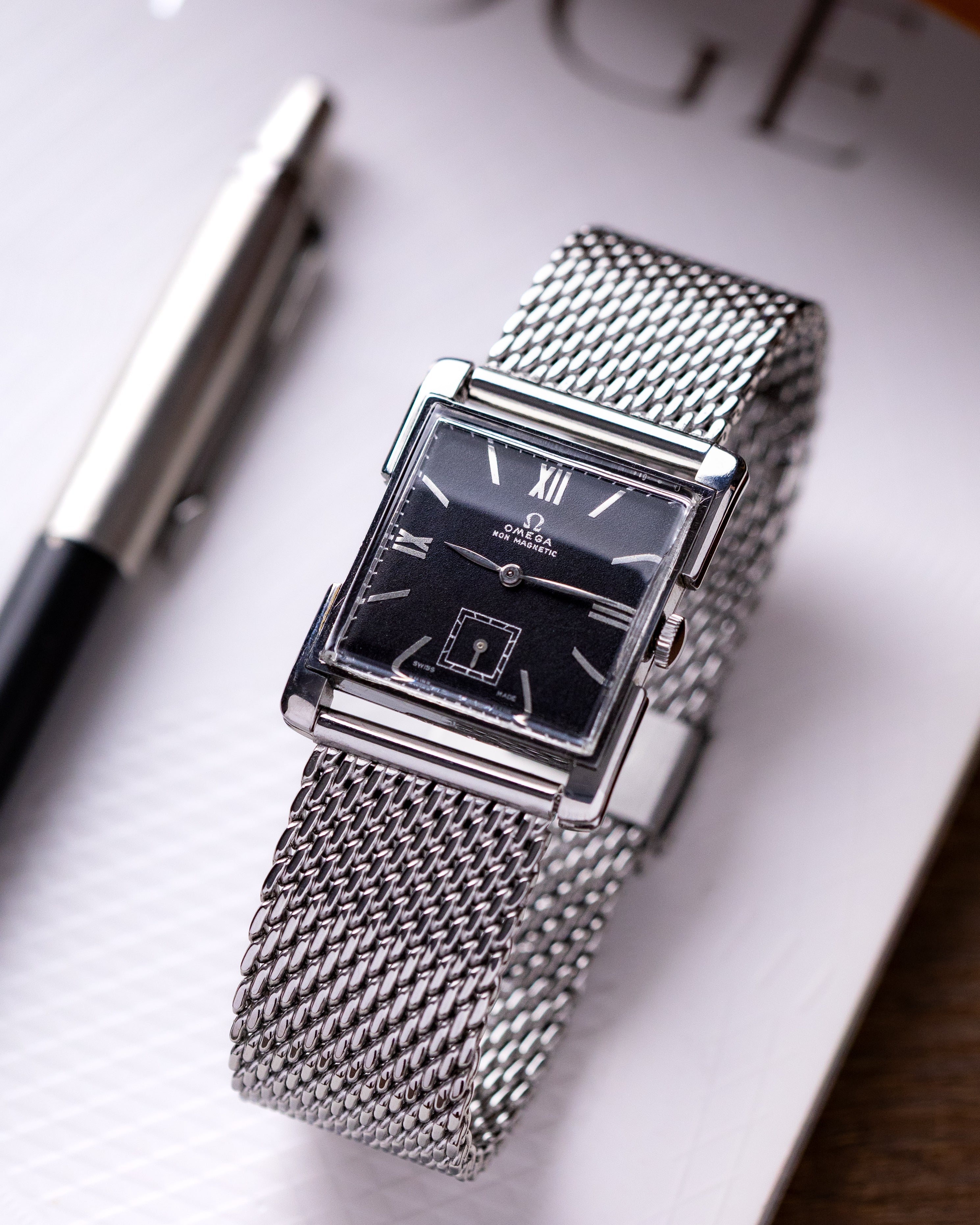 Vintage Omega Square Tank, Art Deco Style, Black Dial, Roman numerals, Ref. 3813/1, Cal.R 17,8 from 1944 - DuMarko