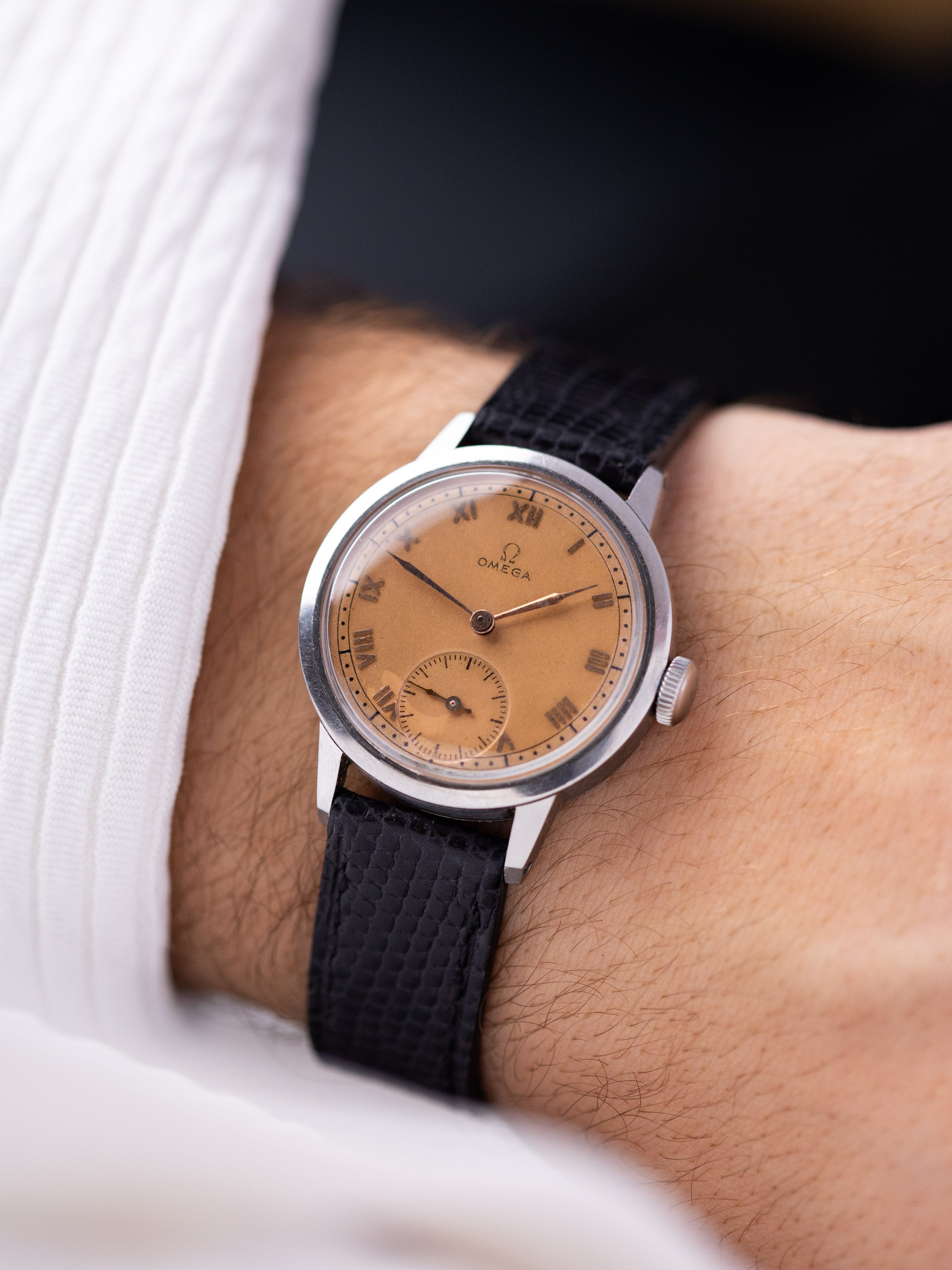 Vintage Omega Swiss Watch, Rare Tropical Salmon Dial, Cal. 26.5 SOB T2, Roman Numerals, Sub - Seconds from 1939 - DuMarko