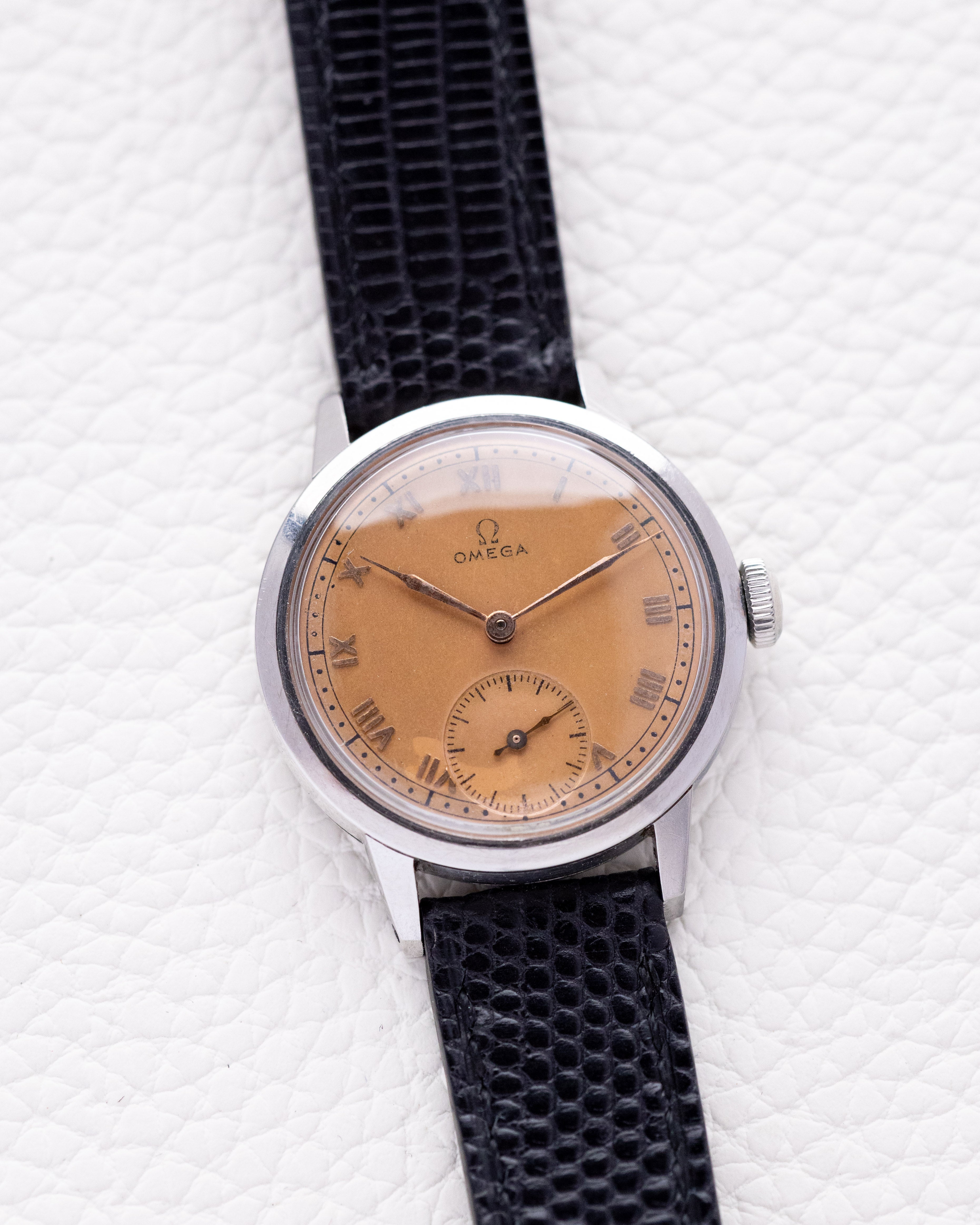 Vintage Omega Swiss Watch, Rare Tropical Salmon Dial, Cal. 26.5 SOB T2, Roman Numerals, Sub - Seconds from 1939 - DuMarko